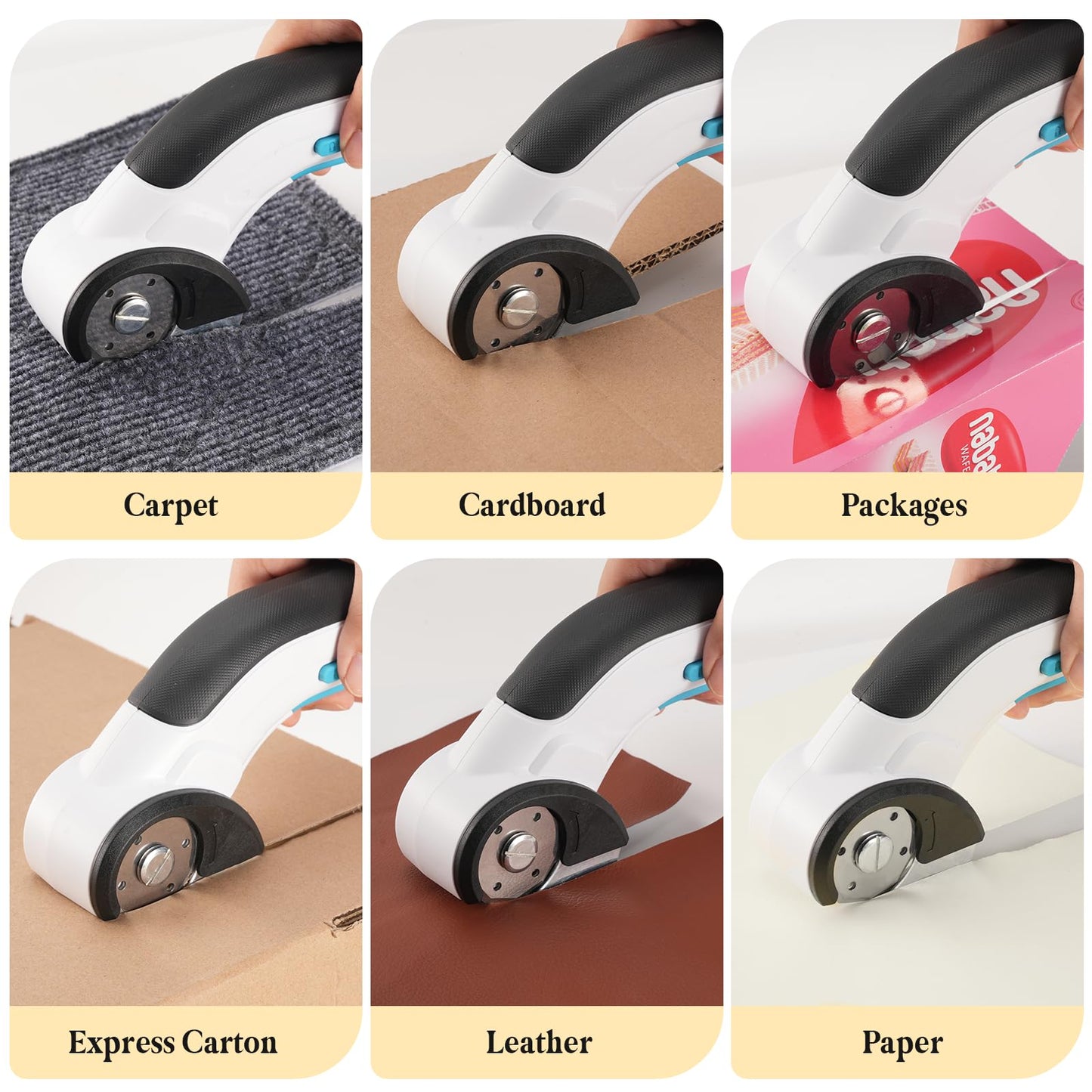 Cordless Electric Scissors, 4V Electric Mini Box Cutter, Carpet & Cardboard Cutter Tool with a Replacement Blade/Charger, Rotary Cutter for Cardboard Packages Leather Plastic (White)