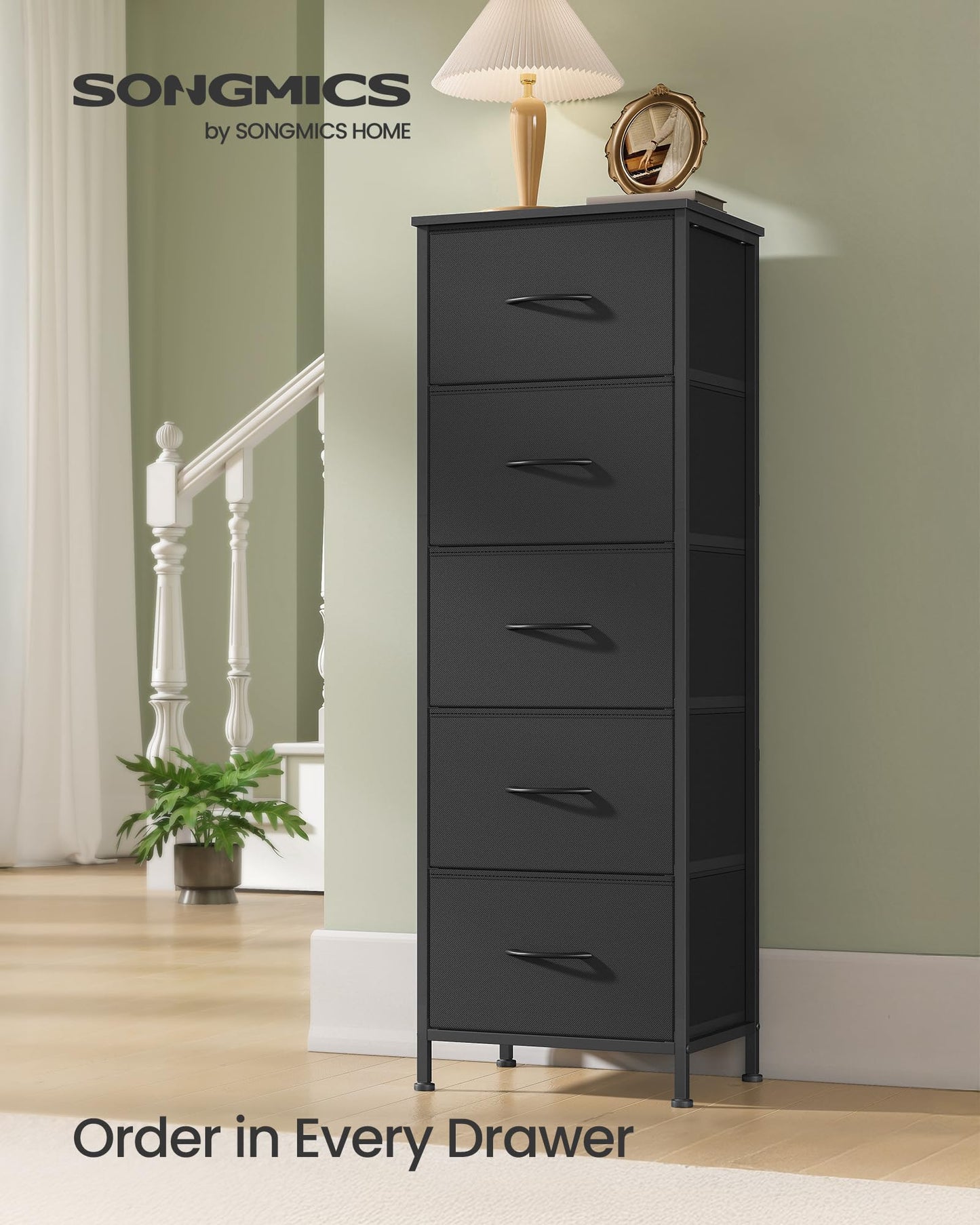 SONGMICS BELLAH Collection - Dresser for Bedroom, Chest of Drawers, Storage Organizer Unit, Closet, Entryway, Steel, 5 Drawers, Modern, Ink Black and Ebony Black ULGS315BH03