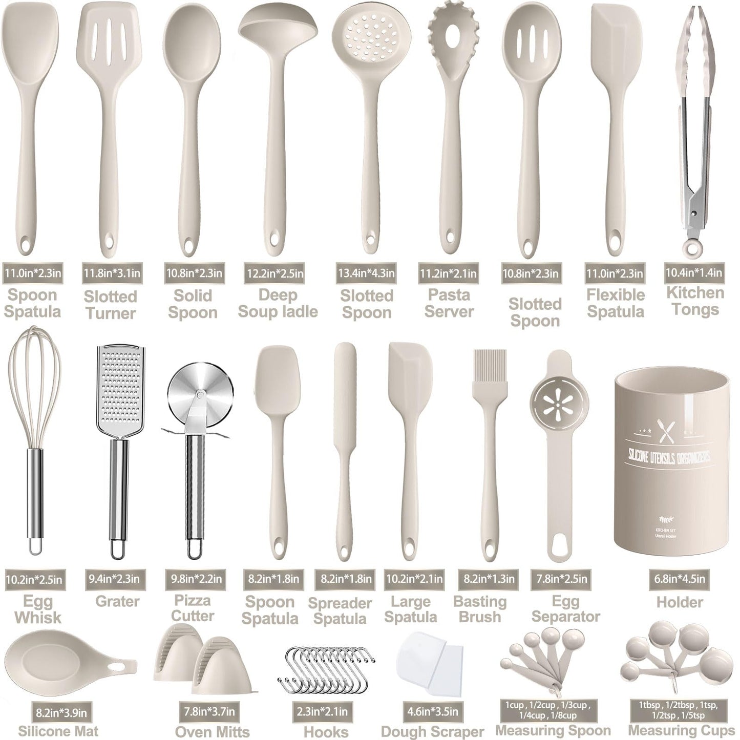 Silicone Kitchen Utensils Set, AIKKIL 43 Pcs Heat Resistant Cooking Utensils Set, Turner, Tongs, Spoon, Spatula, Kitchen Gadgets Tools Set for Nonstick Cookware, Khaki(Dishwasher, BPA Free)