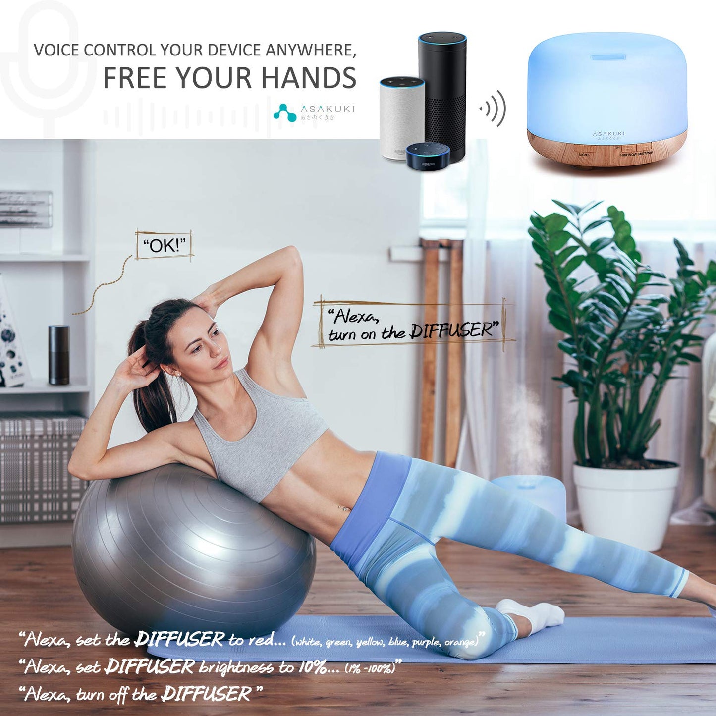 ASAKUKI Essential Oil Diffuser WiFi Smart Humidifier Compatible with Alexa, 500ml Ultrasonic Aromatherapy Diffuser for Home Office Babyroom, Adjustable Cool Mist and Waterless Auto Shut-Off