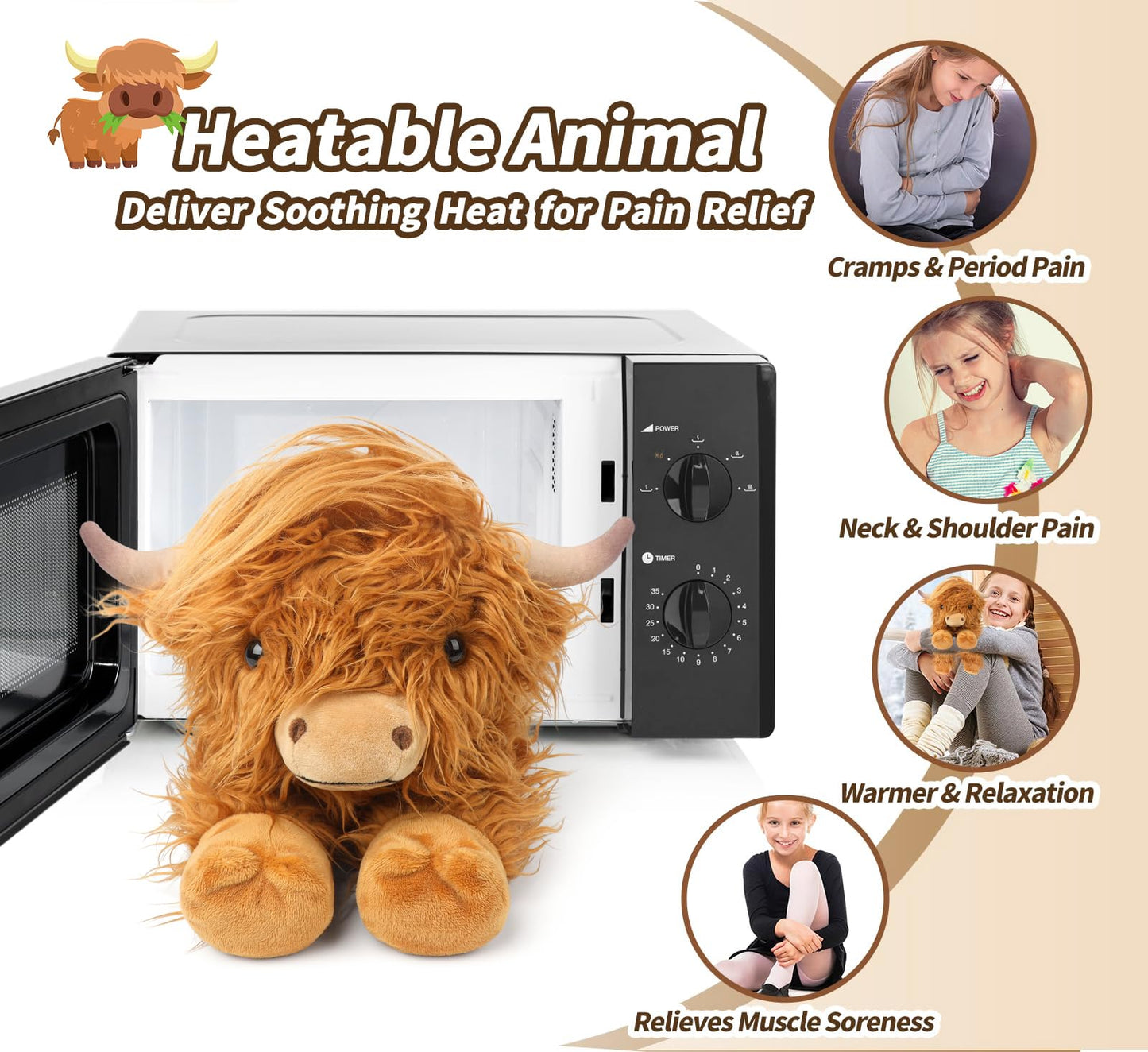 Highland Cow Stuffed Animals, Microwavable Stuffed Animal Adorable Fluffy Cow Plush for Warmth Comfort, Heatable Coolable Lavender Scent Cow Toys, Cute Soft Plushie Highland Cattle Gift for Kids Adult