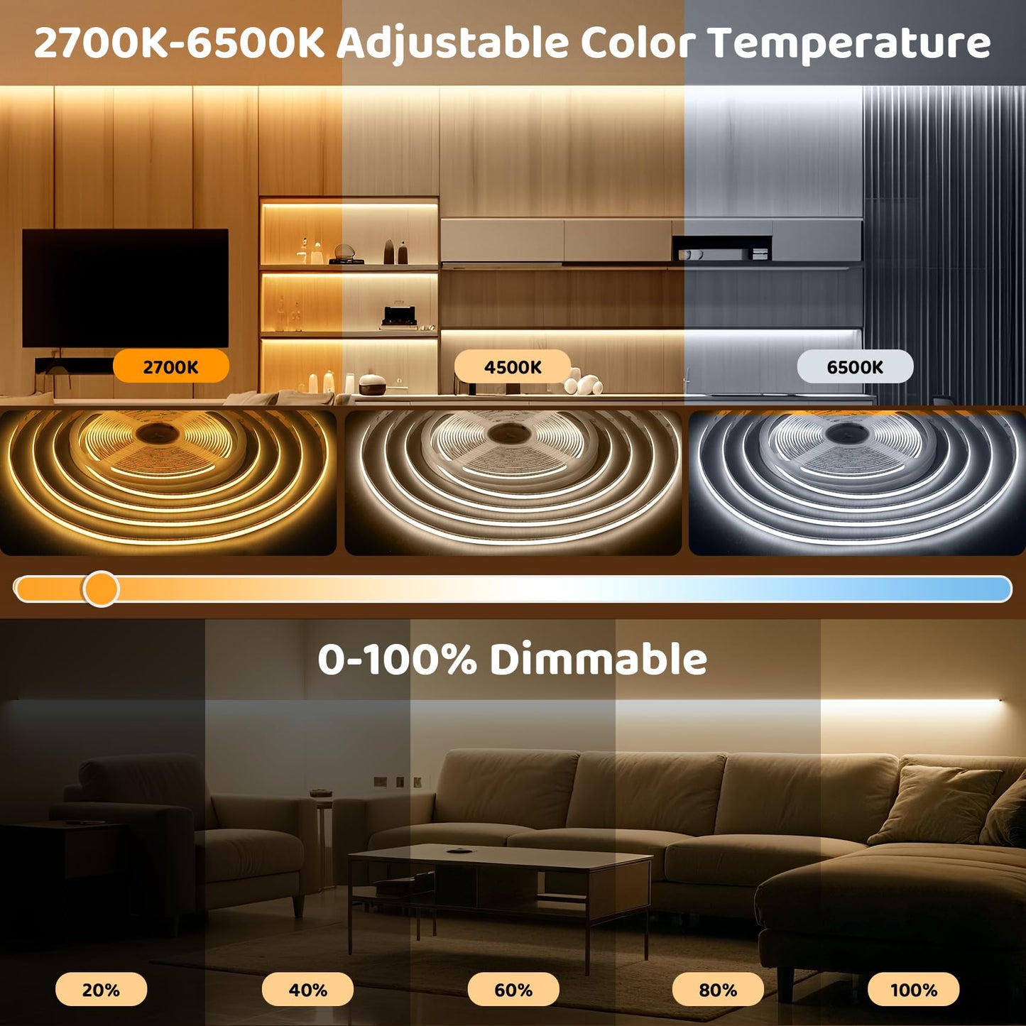 White COB LED Strip Lights 32.8Ft, 10M 2700K-6500K CCT White LED Light Strip with Remote & App, Music Sync 24V Dimmable White LED Tape Lights COB Strip for Under Cabinet Bedroom Kitchen DIY Lighting