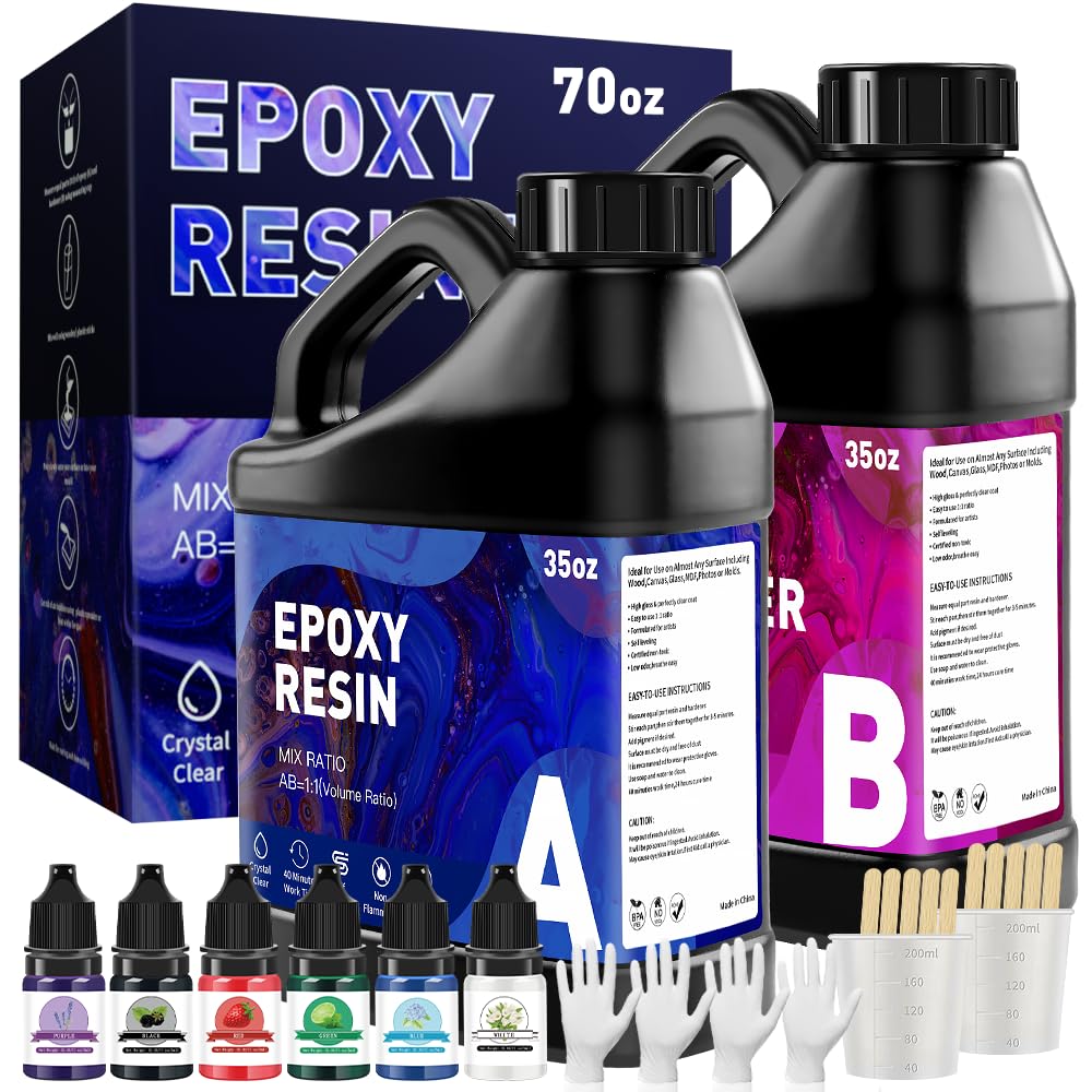 GRLELOU Epoxy Resin Kit 70OZ/2L - No Yellowing & Less Bubble 2 Part Epoxy Resin for Beginners, 1:1 Ratio Art Resin for Wood Casting, Jewelry Making, Art Crafting & Countertop Coating (35OZ/1L × 2)
