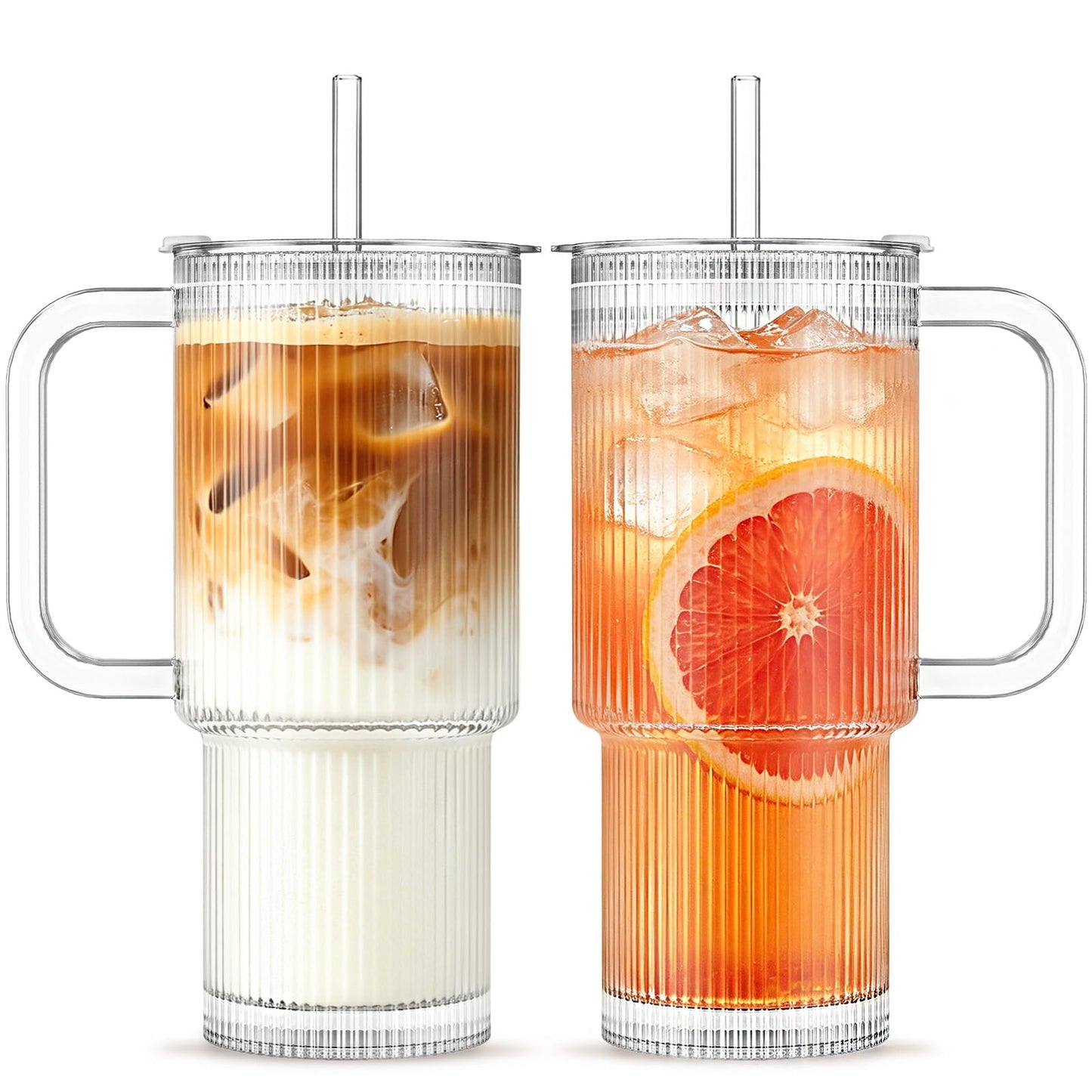INSETLAN 26oz Ribbed Glass Tumbler with Handle & Lid – 2-Pack Large Iced Coffee Cups with Straws, Modern Glass Mug for Cold & Hot Beverages, Aesthetic Travel Cup for Smoothies, Tea, and Juice