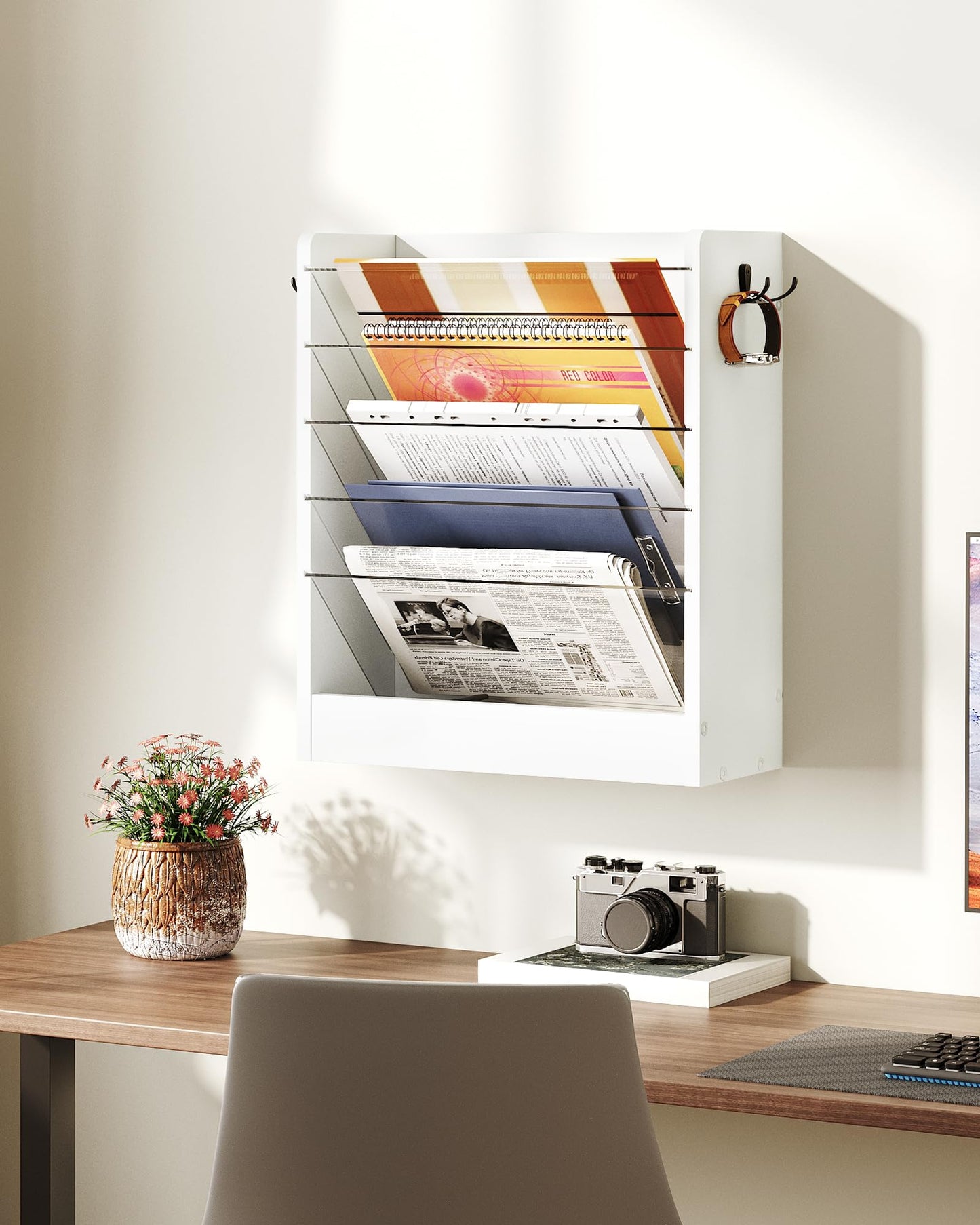 CHOEZON Wall File Holder, 6-Tier File Organizer, Office Supplies Storage Rack, Versatile Desktop Organizer, with Detachable Shelves, with Side Hooks, for Living Room, Study, Home Office, White MWJ02WB