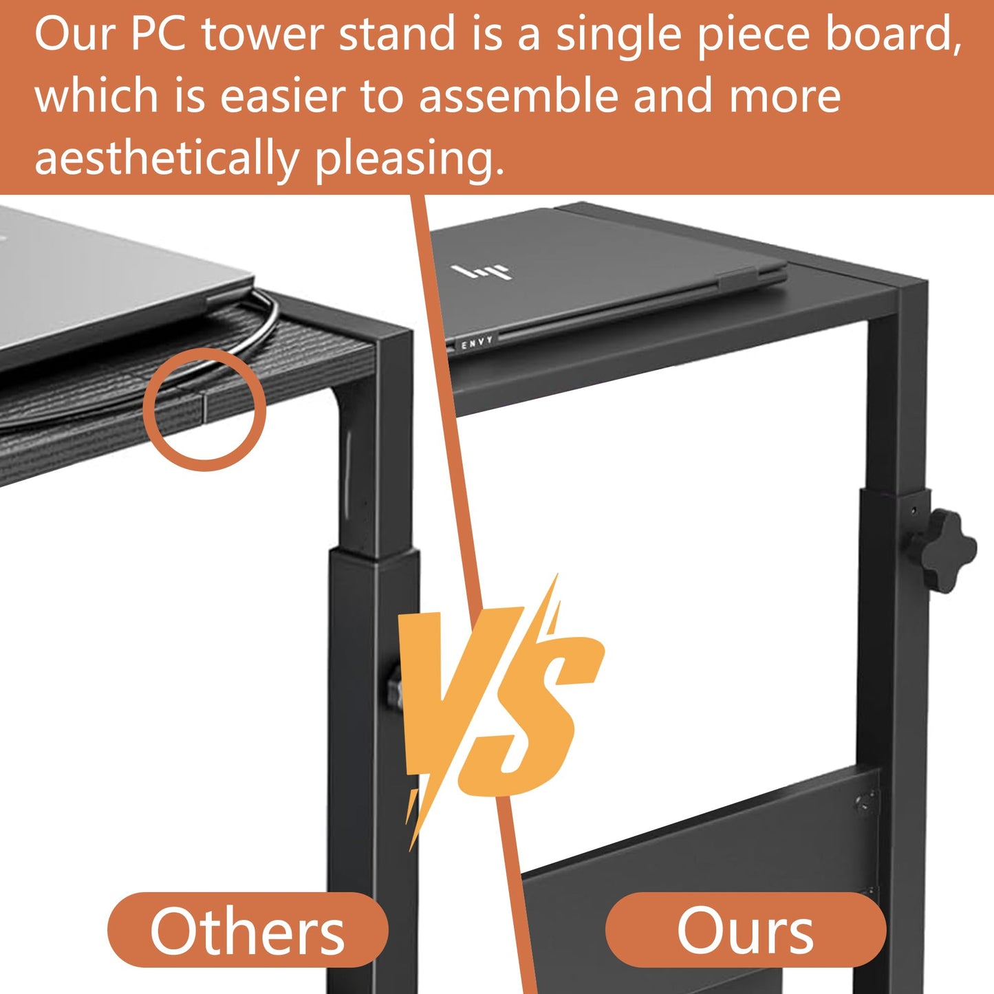Computer Tower Stand with LED Light Strip, Mobile Rolling CPU Holder, Height Adjustable PC Tower Stand with Charging Station for Office Home (Black)