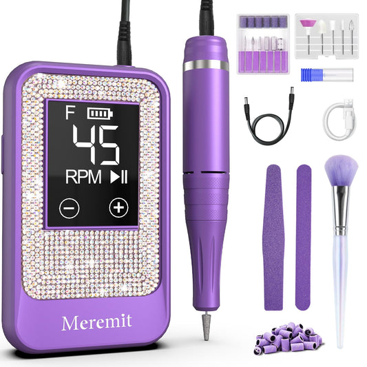 Professional Nail Drill Cordless 45000 RPM, Meremit Electric Nail File with Diamond Decoration, 12Pcs Drill Bits, Large LCD Screen, Rechargeable Electric Nail Machine Drill for Acrylic Gel Nail Polish
