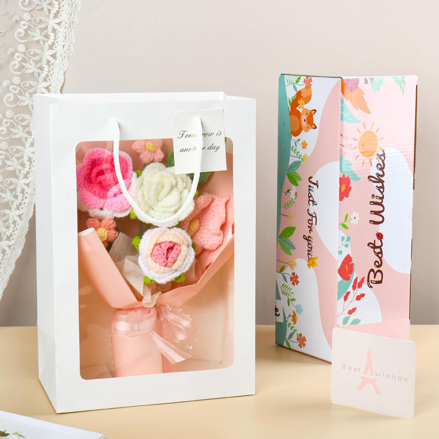 MengxFly Crochet Flower Bouquet Pink, Handmade Crochet Flowers Bouquet, Knitted Floral Gift for Her, Mothers Day Birthday for Women Wife Mom Girlfriend with Gift Box Bag and Card