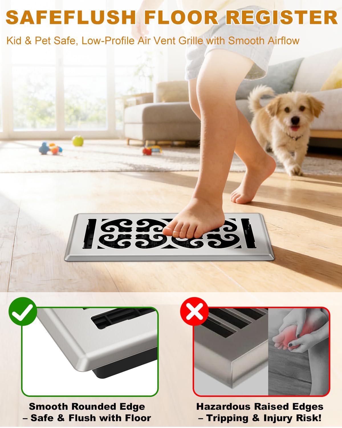 Floor Vent Covers 4x10 Inch - Heavy Duty Walkable Air Vent Cover for Home Floor & Wall - Decorative 2MM Thicker Metal Floor Register with Easy Adjust Airflow Switch - Satin Nickel HVAC Vents - 5 Pack