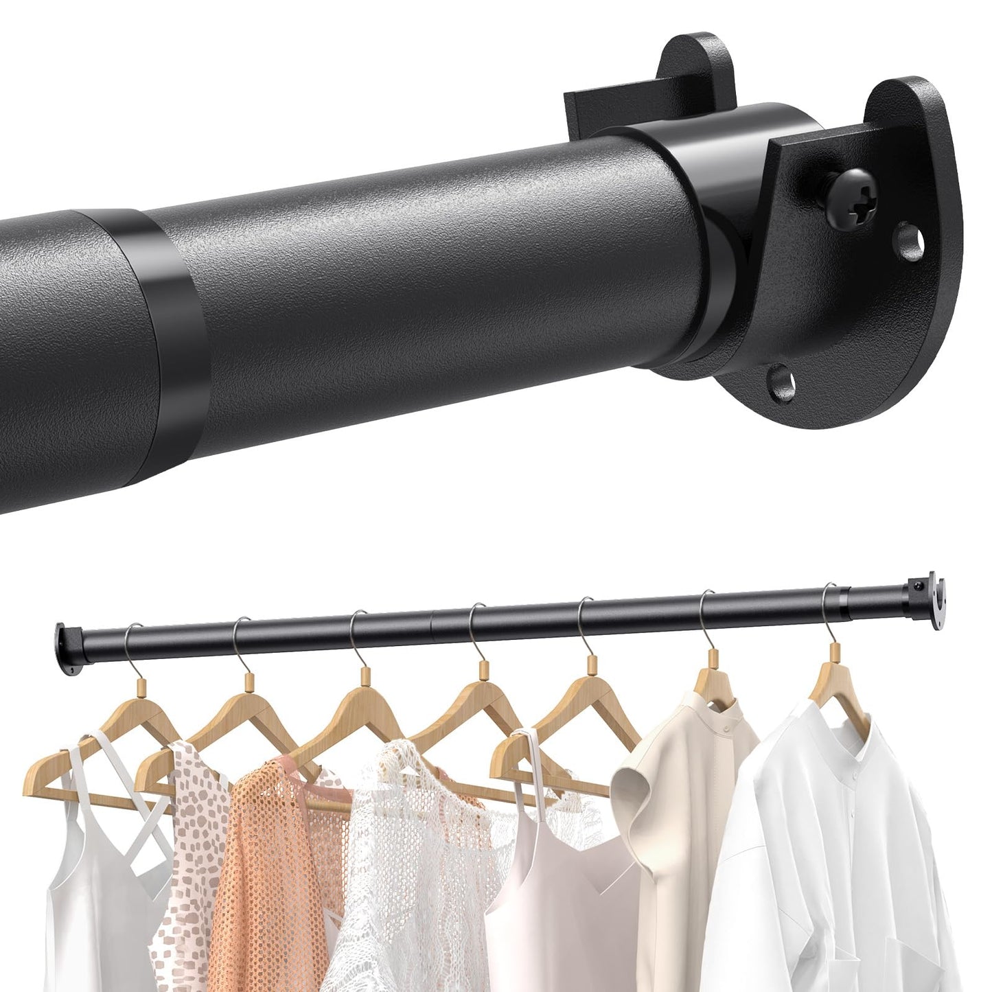 Closet Rods for Hanging Clothes, 17-84 inches Stepless Adjustable Metal Closet Rod, 1.3 Inches Heavy Duty Clothes Hanging Rod for Closet Wardrobes Laundry RV, Black