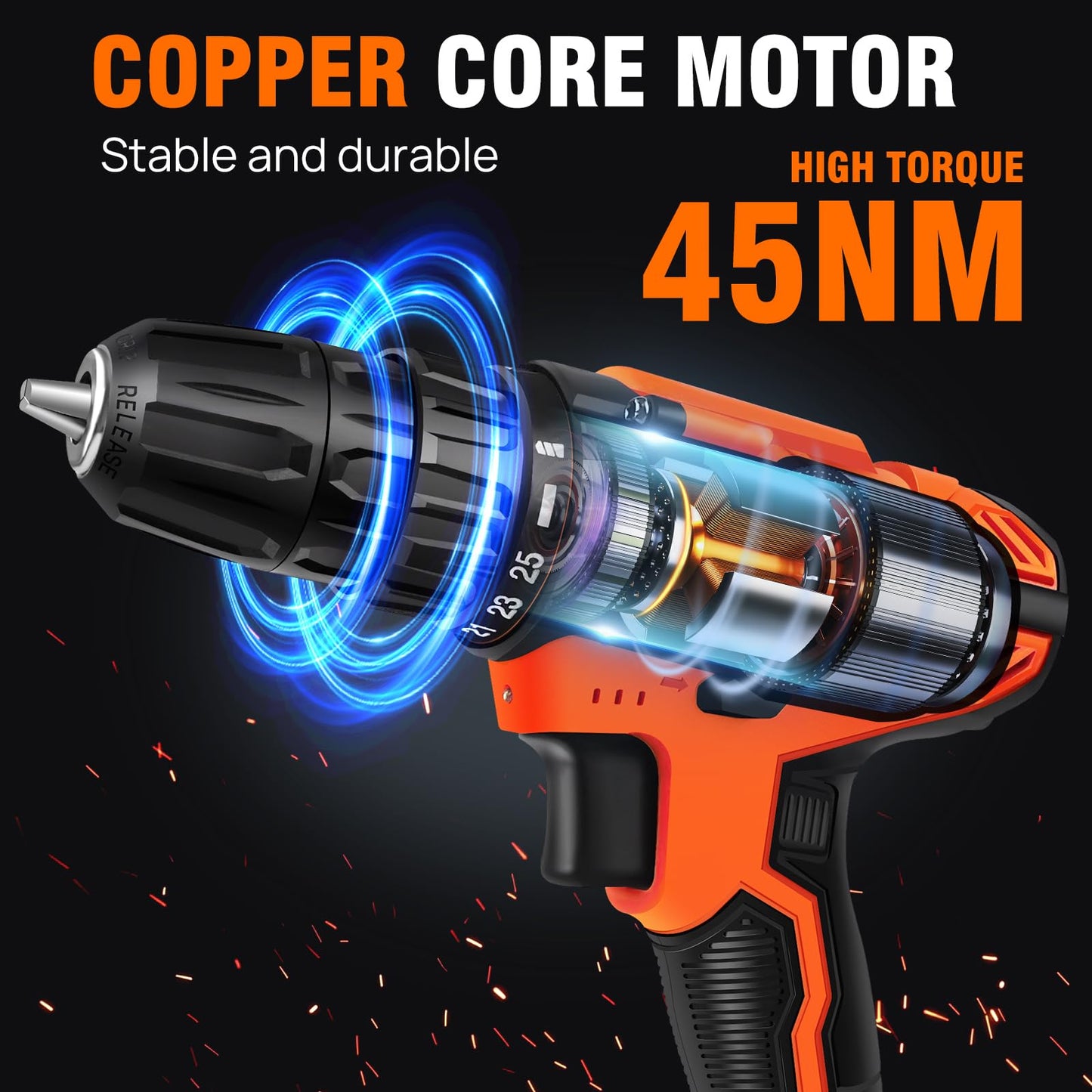 21V Cordless Power Drill with Two Batteries,Electric Screwdriver Drill Set, 2 Variable Speed,25+1 Torque Setting,29PCS Accessories,LED Work Light for Home and Garden DIY Project Kit(45Nm/Orange)