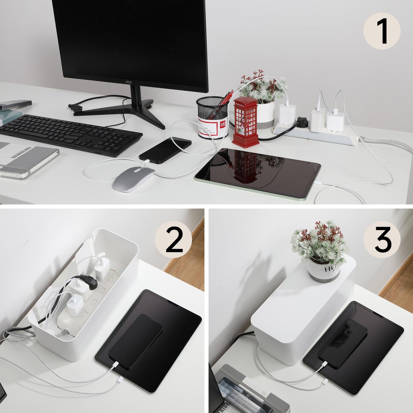 Yecaye Cable Management Box, 2 Pack Cable Organizer Box, Cord Management, Cord Hider to Hide Surge Protector Cover on Desk or Floor, Large, White