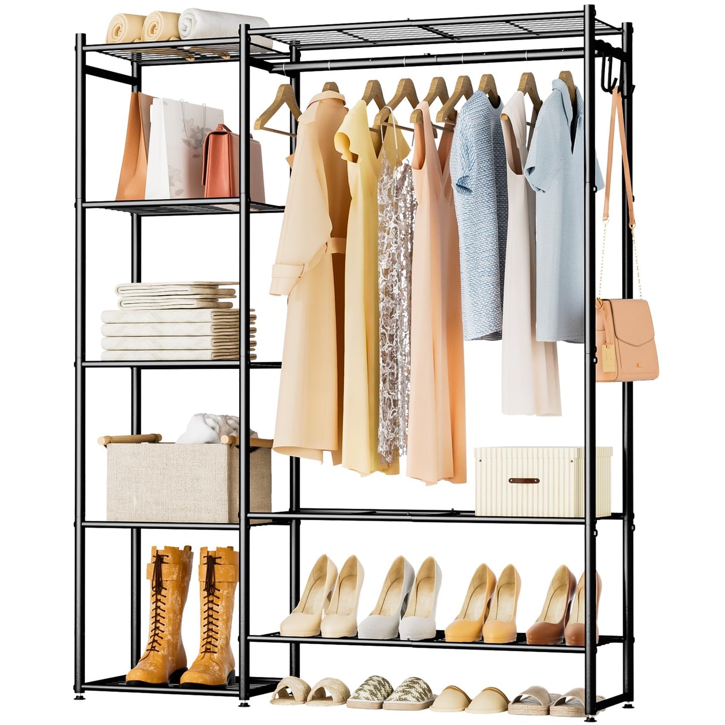 Neprock Clothing Rack With Shelves, Organizers and Storage for Clothes, Portable Wardrobe With Rod, Garment Rack Shelves, Rangement Garde Robe (Black)