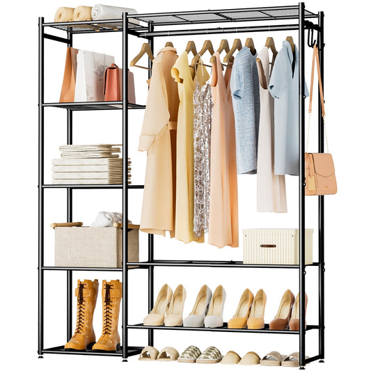 Neprock Clothing Rack With Shelves, Organizers and Storage for Clothes, Portable Wardrobe With Rod, Garment Rack Shelves, Rangement Garde Robe (Black)