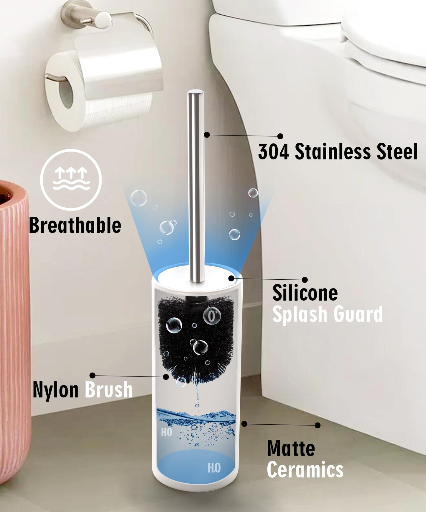 Viosuniu Matt White Ceramic Toilet Brush and Holder Set, Freestanding Toilet Bowl Cleaners Brush, Scrubber Brush for Toilet, Bathroom Accessories with Stainless Handle, Deep Cleaning