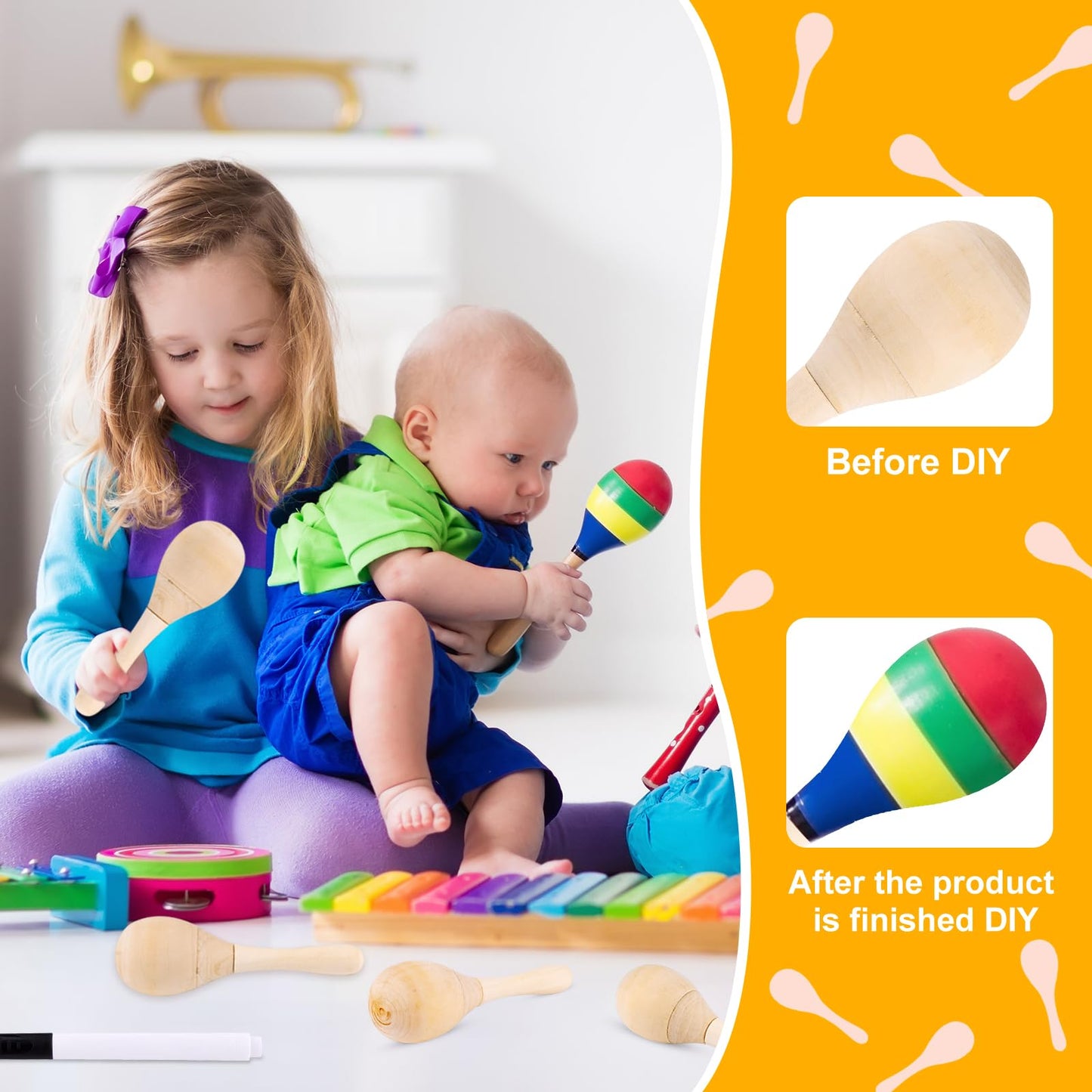 BOUBONI 40Pcs DIY Wooden Maracas for Kids, Mini Maracas for Mexican Fiesta Party Favors with 24Pcs Multicolor Pens, Cinco De Mayo Party Supplies