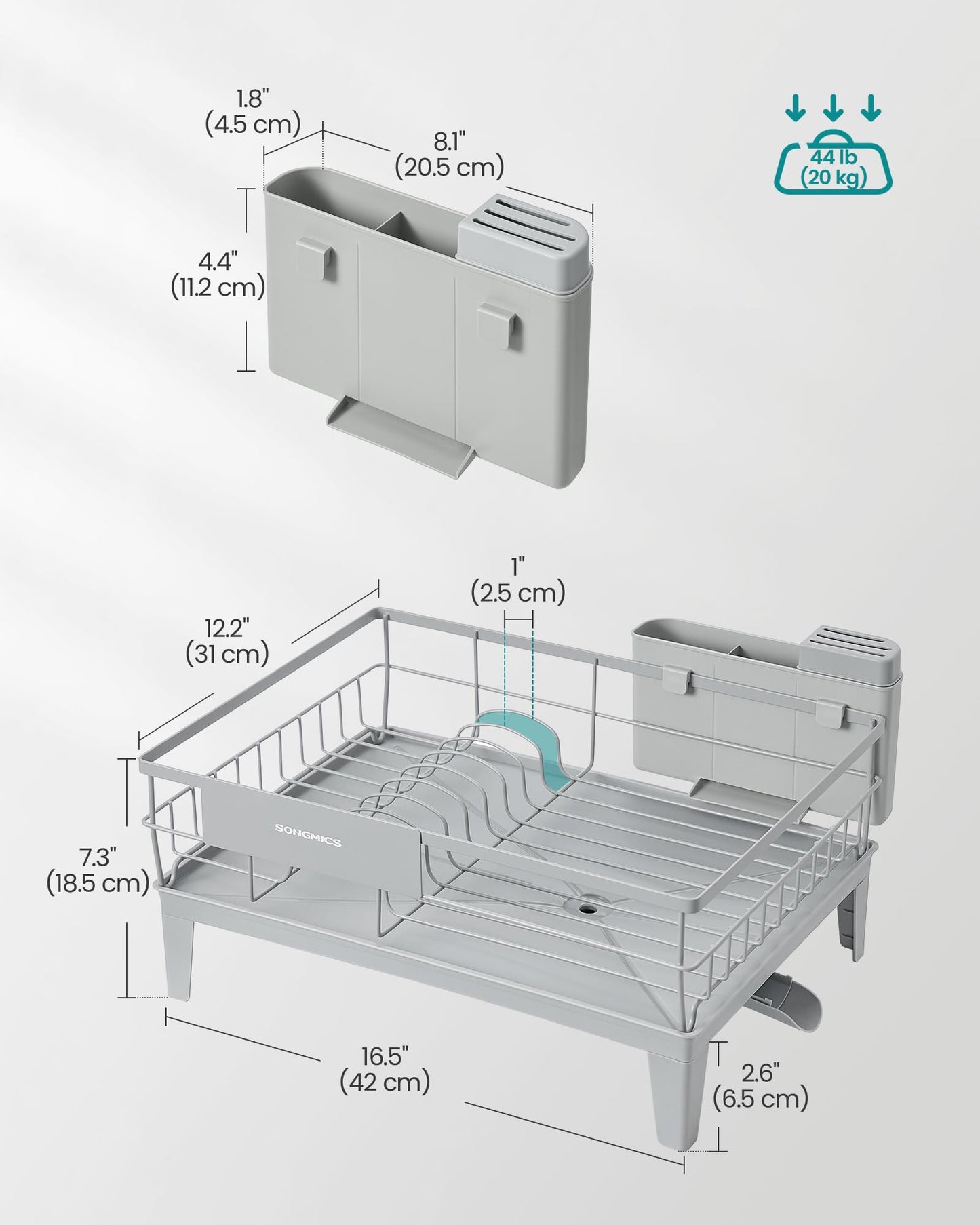SONGMICS Dish Drying Rack, Kitchen Dish Rack, with Drainboard, 360° Rotatable and Extendable Spout, with Cutlery Holder, 31 x 42 x 18.5 cm, Dove Gray UKCS550G01