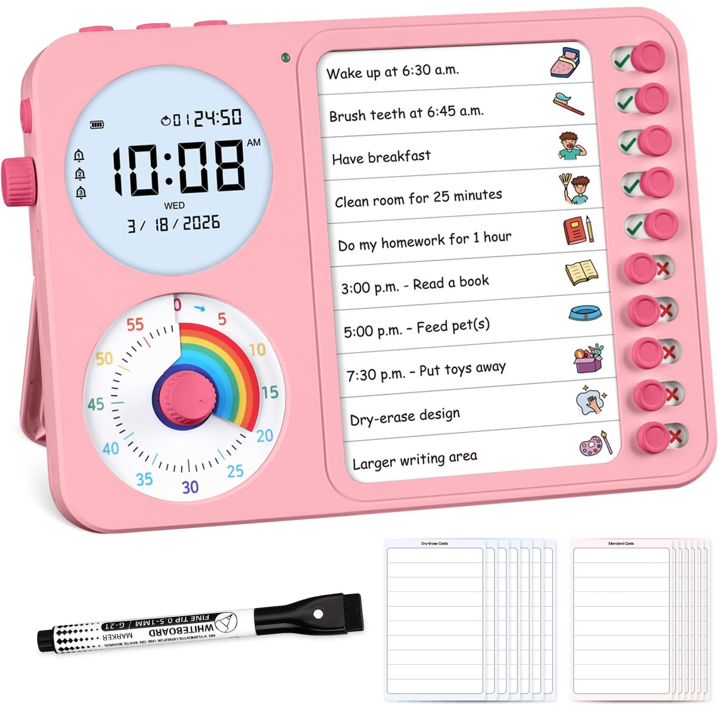 3-in-1 Visual Timer & ADHD Tool for Kids – ADHD Task Timer for Adults with Visual Schedule, Chore Chart & Planning Board for Home, School, Classroom, Work (Pink)
