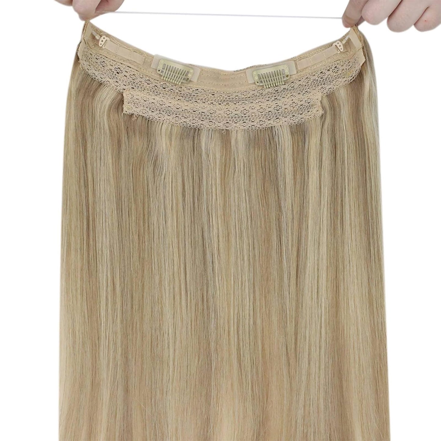 Sunny Hair Wire Hair Extensions Human Hair Invisible Hair Extensions for Women Straight Secret Hidden One Piece Extensions With Adjustable Line Dark Ash Blonde Highlights Golden Blonde 12inch