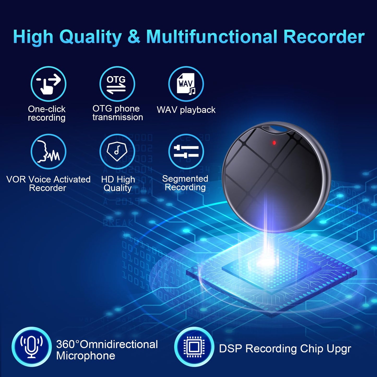 64GB Digital Voice Recorder, 1200H Capacity, Triple Noise Reduction, One-Touch Recording, Auto-Save Battery, OTG for Android/PC for Meetings Interviews