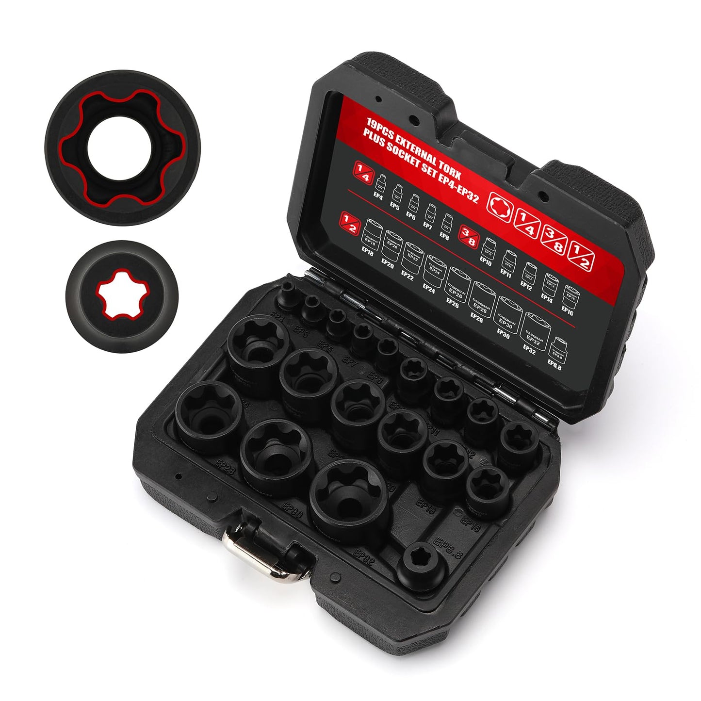 CASOMAN 19PCS External Torx Plus Socket Set, 6 Point EP Socket EP4-EP32 with 1/2'', 3/8'' & 1/4'' Dr, 5 Point EP Socket 1/2'' Dr. EP8.8 Compatible with Tesla, Cr-V Steel