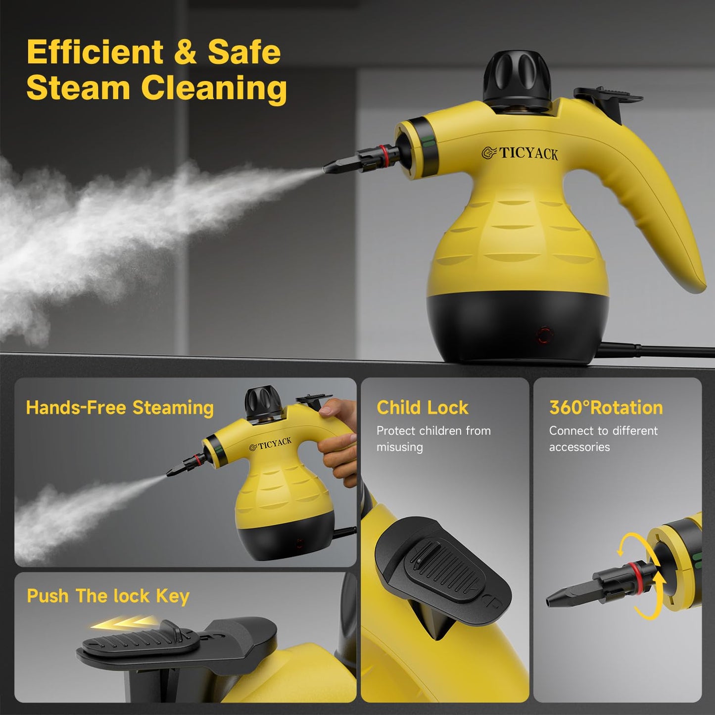 TICYACK Steam Cleaner Handheld, Steam cleaner with 16 Accessories, Hands-Free Auto Steam & Child Lock, Multi-Surface steam Cleaner for home, Kitchen, Car Detailing, Upholstery (Yellow)