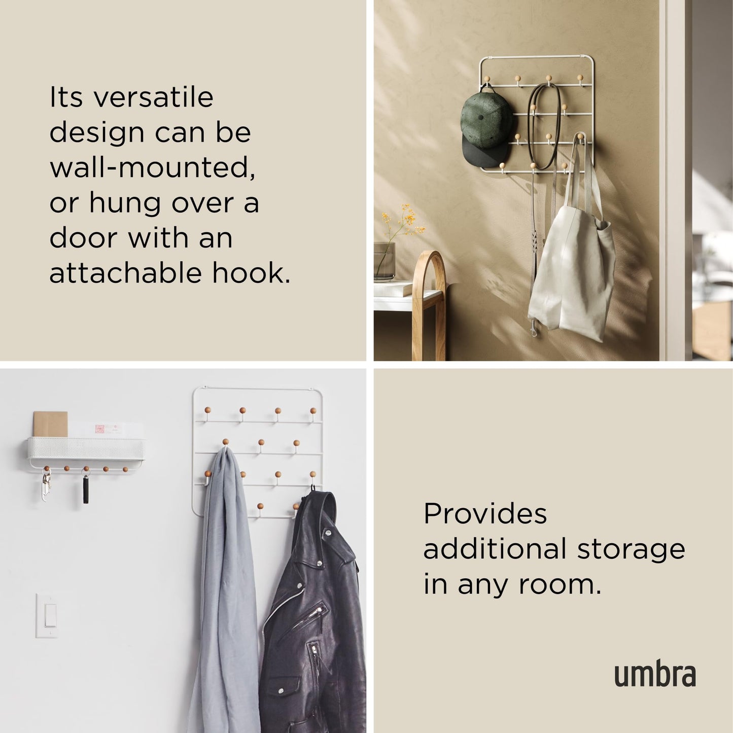 Umbra Estique Over The Door Coat Rack & Multi-Use Organizer, for Coats, Bags, Hats & More, White/Natural