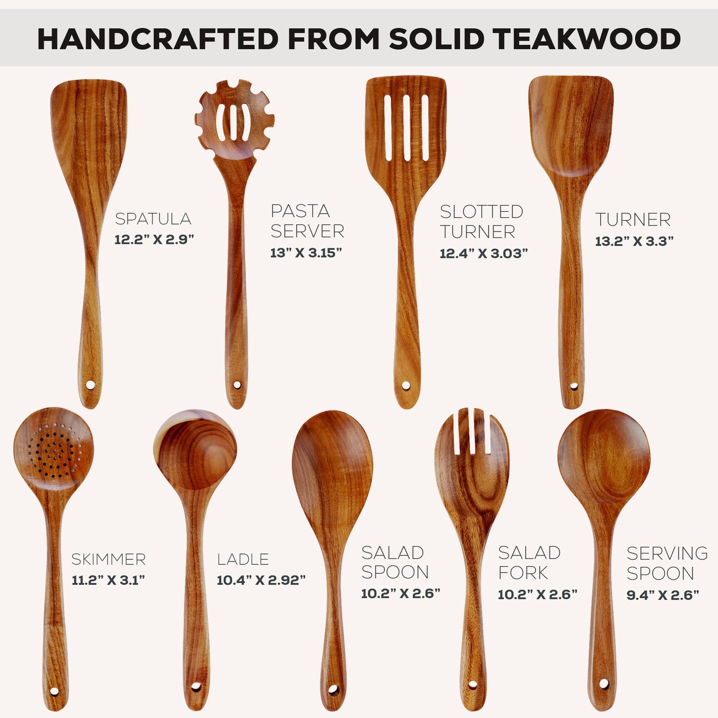 Zulay Kitchen 9-Piece Wooden Spoons for Cooking - Smooth Finish Teak Utensils - Soft Comfortable Grip Wood Spoons - Non-Stick Wooden Cooking Utensils - Teak Spoon Utensil Sets