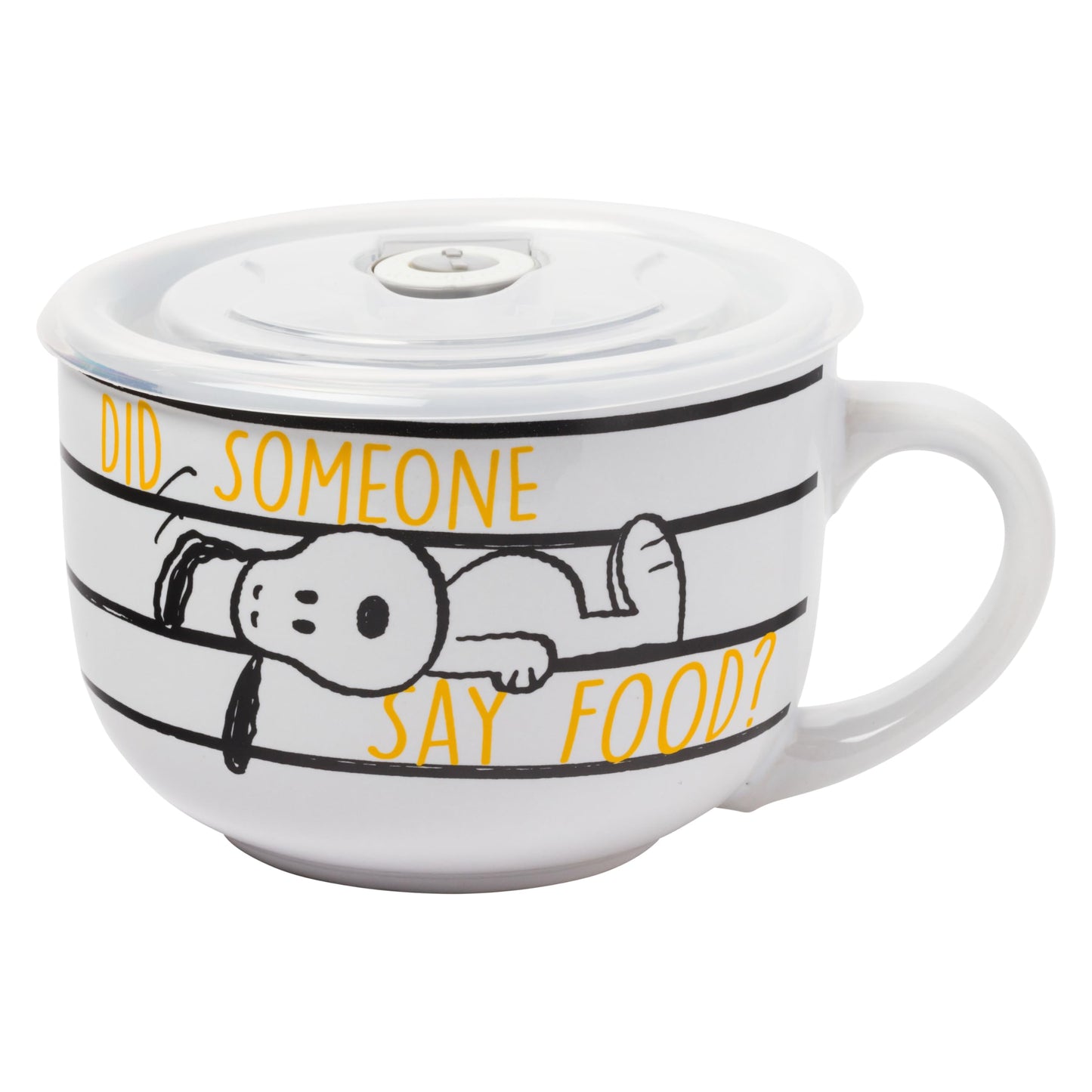 Silver Buffalo Peanuts Snoopy and Woodstock Did Someone Say Food Ceramic Soup Mug with Vented Plastic Lid, 24 Ounces