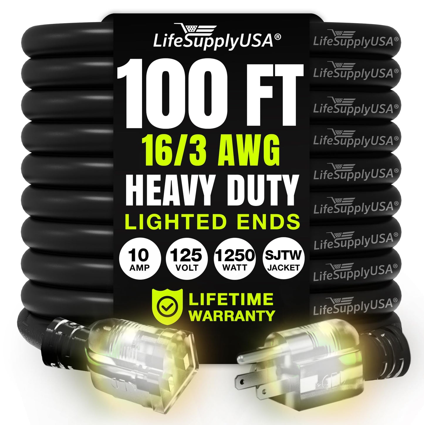 100ft Outdoor/Indoor Extension Cord 16/3 Gauge Heavy Duty 3 Prong SJTW, Waterproof, Flexible Cold-Resistant Long Power Cord,10A 125V 1250W, Black by LifeSupplyUSA