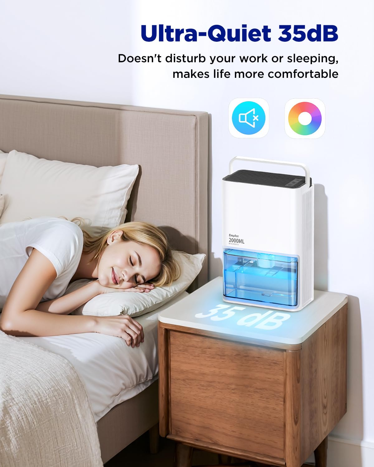 EasyAcc Small Dehumidifier for Closet, 2000ML Tank Deshumidificateur Max 500-650ML/Day-3 Modes Speeds/Ultra Quiet/Auto Defrost 7 Colour LED Light Auto Shut Off - Ideal for Closet RV Small Room