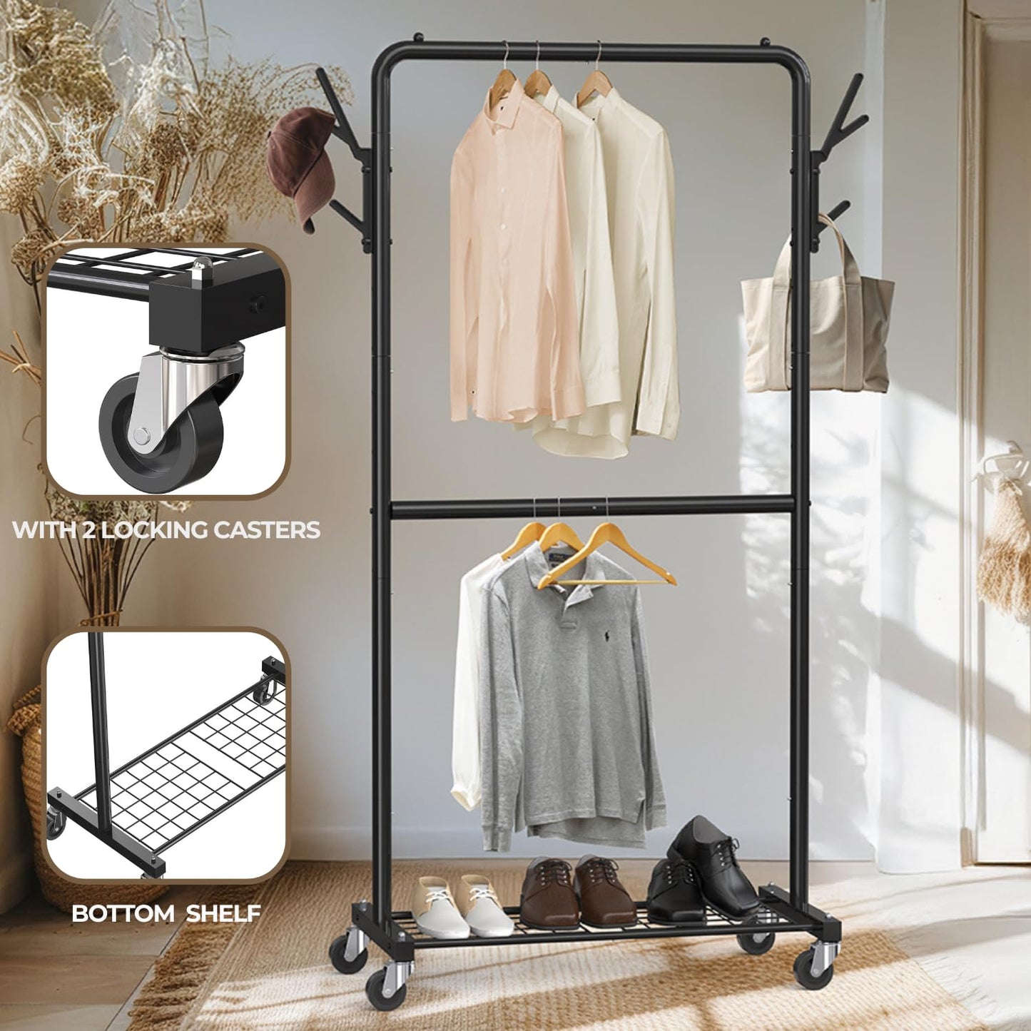 Simple Houseware Double Rod Clothes Rack with Wheels, Hooks & Shelves, Heavy-Duty Metal Garment Rack Organizer, Black