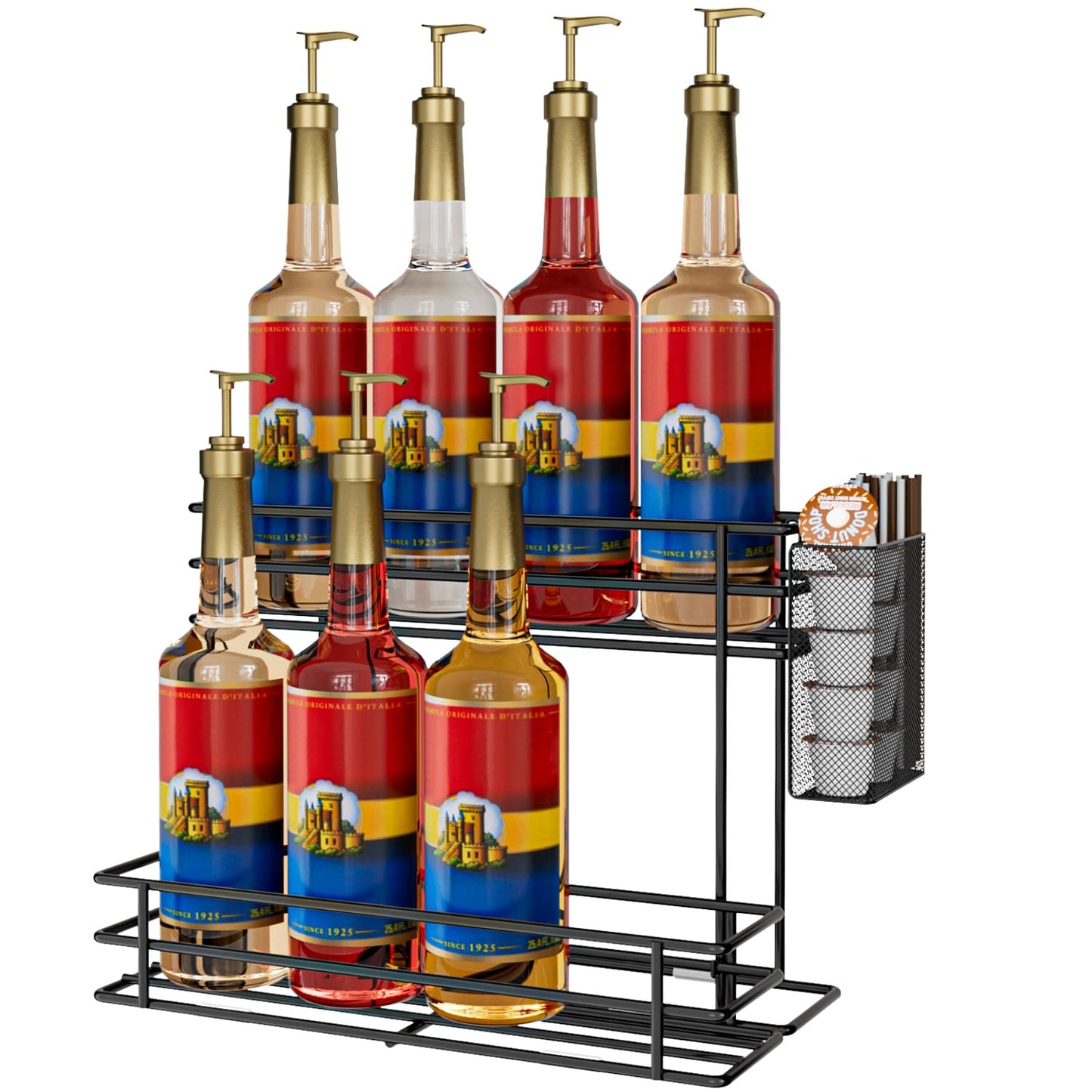 OVICAR Coffee Syrup Storage Rack - 8 Coffee Bottle Holders and Station Accessories with Straw and Pod Basket, 2 Tier (Black)
