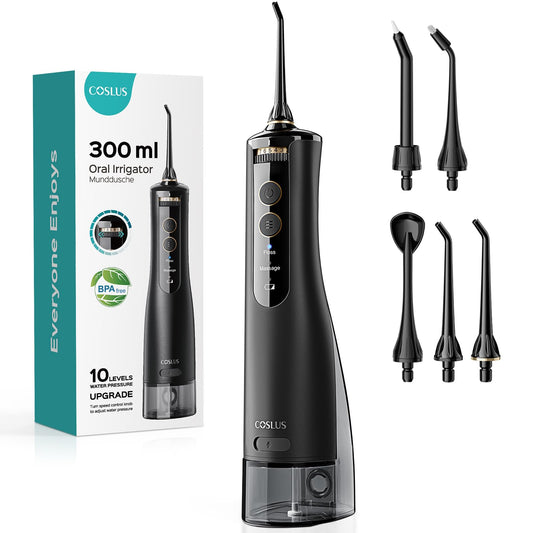 COSLUS Water Portable Flosser for Teeth: Electric Flosser for Braces, Sensitive Teeth, Gums - Advanced 10 Pressure Settings for Multiple Users, Cordless for Travel, MDL, BPA-Free, Black, E40(WFP14)