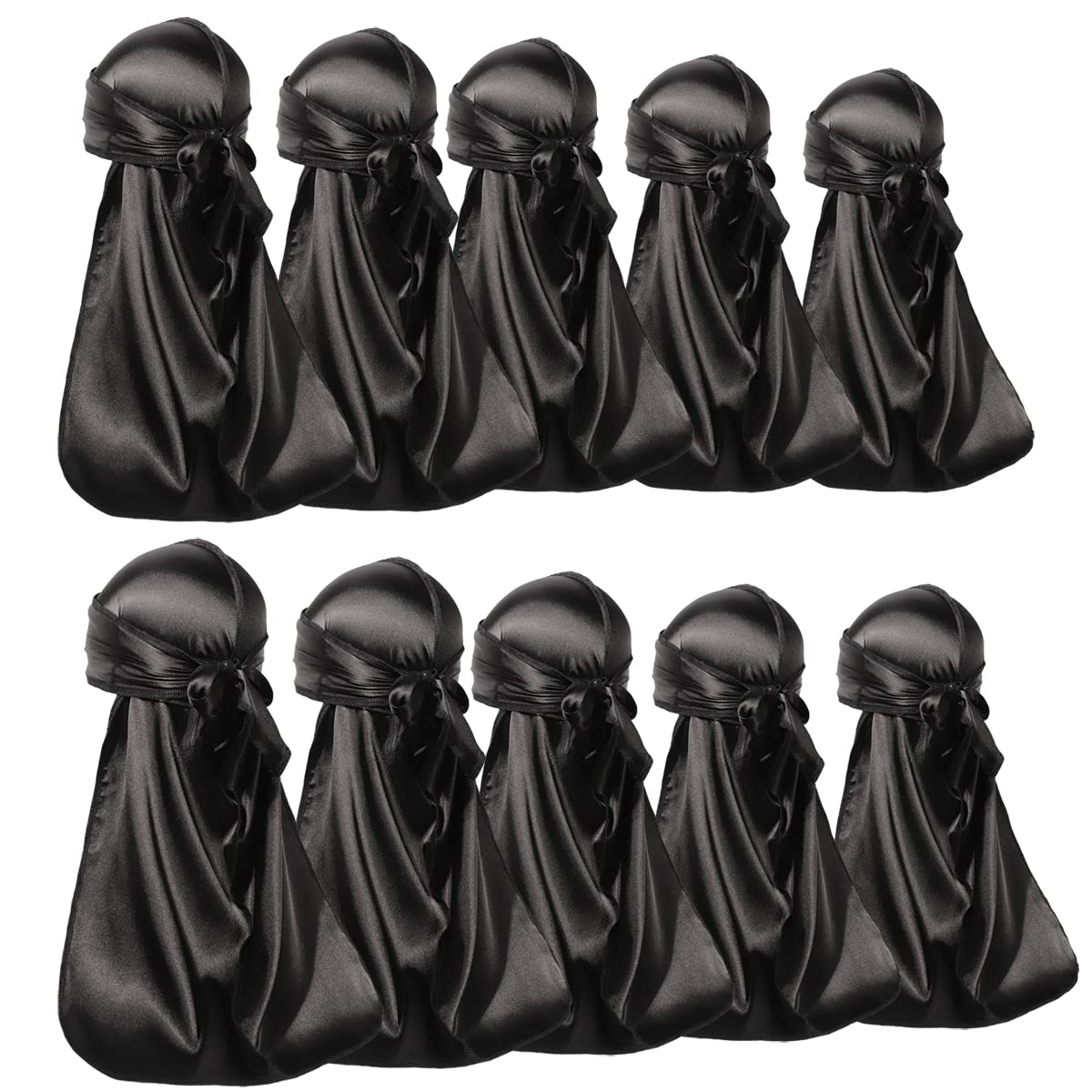 ForceWave 10 Pieces Silky Durags Long Tail for Women Men Satin Durag 360 Wave，Dorag, 10 Pieces, Black, 10 Count (Pack of 1)