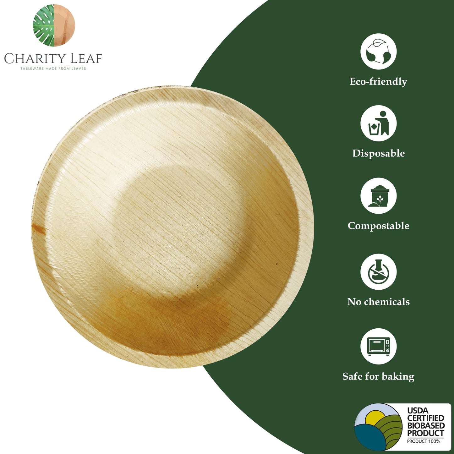 Charity Leaf Disposable Palm Leaf 4" Round Bowl (50 pcs) Dipping Bowls | Bamboo Like| All Natural and Biodegradable | Charcuterie Boards, BBQs, and Parties