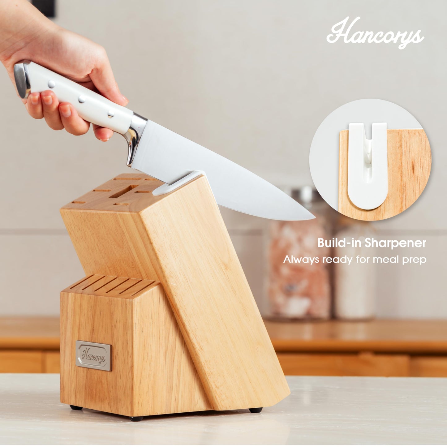 Hancorys Knife Set, 15 Pcs Kitchen Knife Block Set, Enduring Ultra Sharp High Carbon German Stainless Steel Chef Knives Set with Built-in Sharpener, Full Tang Ergonomic Handle, White
