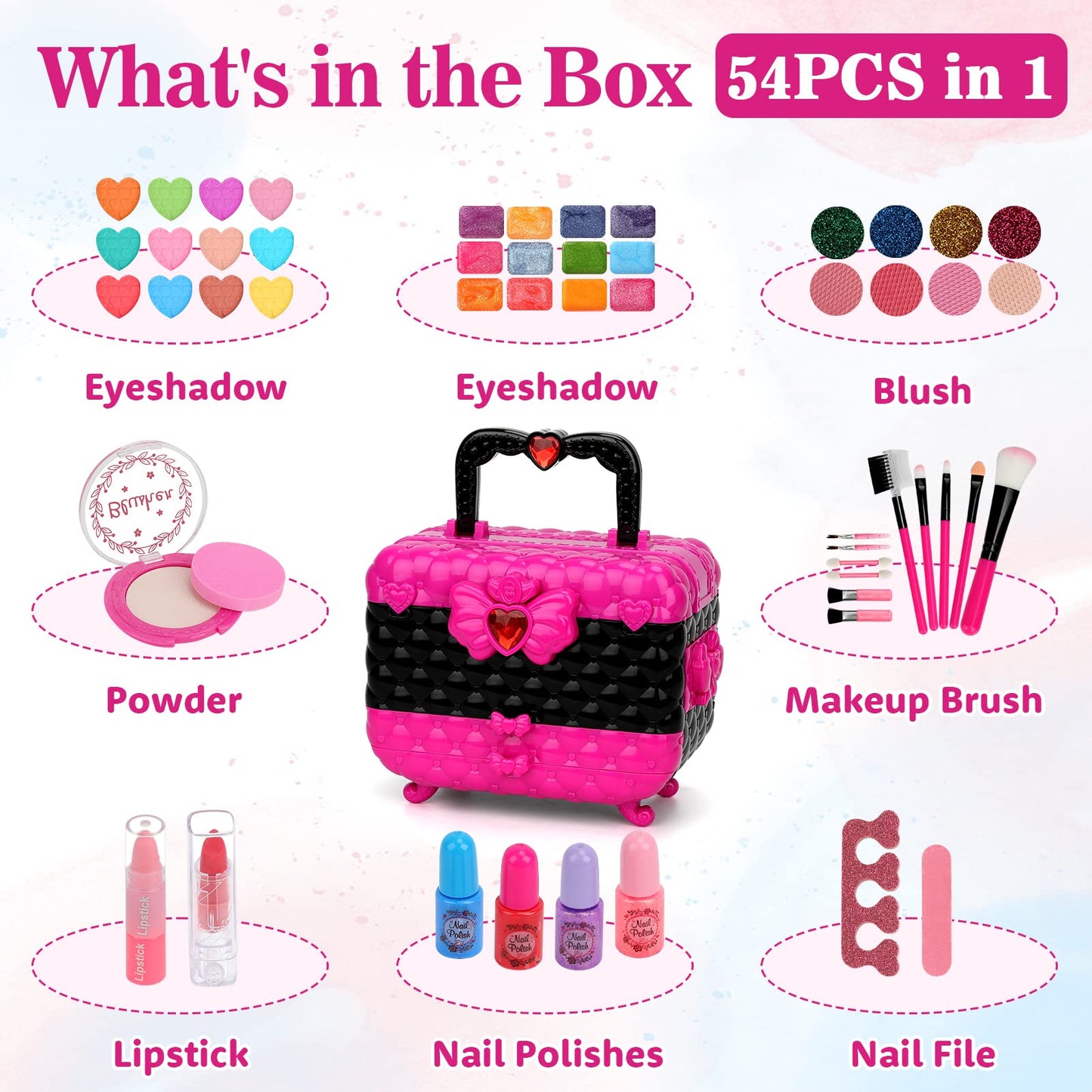 Teensymic Kids Makeup Kit for Girls, 54PCS Washable Makeup Toys, Age 3-13, Princess Theme, Girl Toys, Social Skill, Hand-Eye Coordination