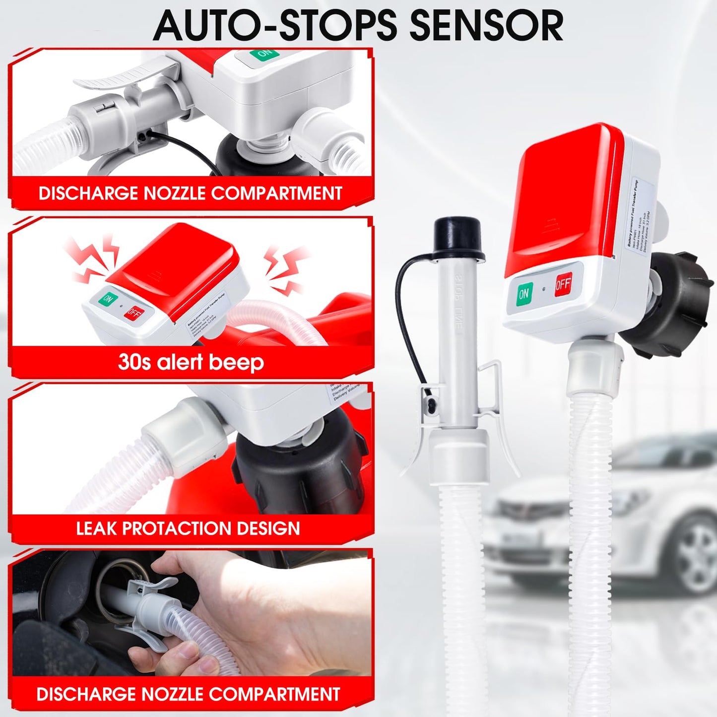 Fuel Transfer Pump with Auto-Stop Sensor-3.2GPM,30s Alert Beep,Overfill Protection,51"Hose Transfer Pump Battery Powered with 4 Tank Adapter,Portable Liquid Pump with Nozzle for Gasoline,Diesel,Oil