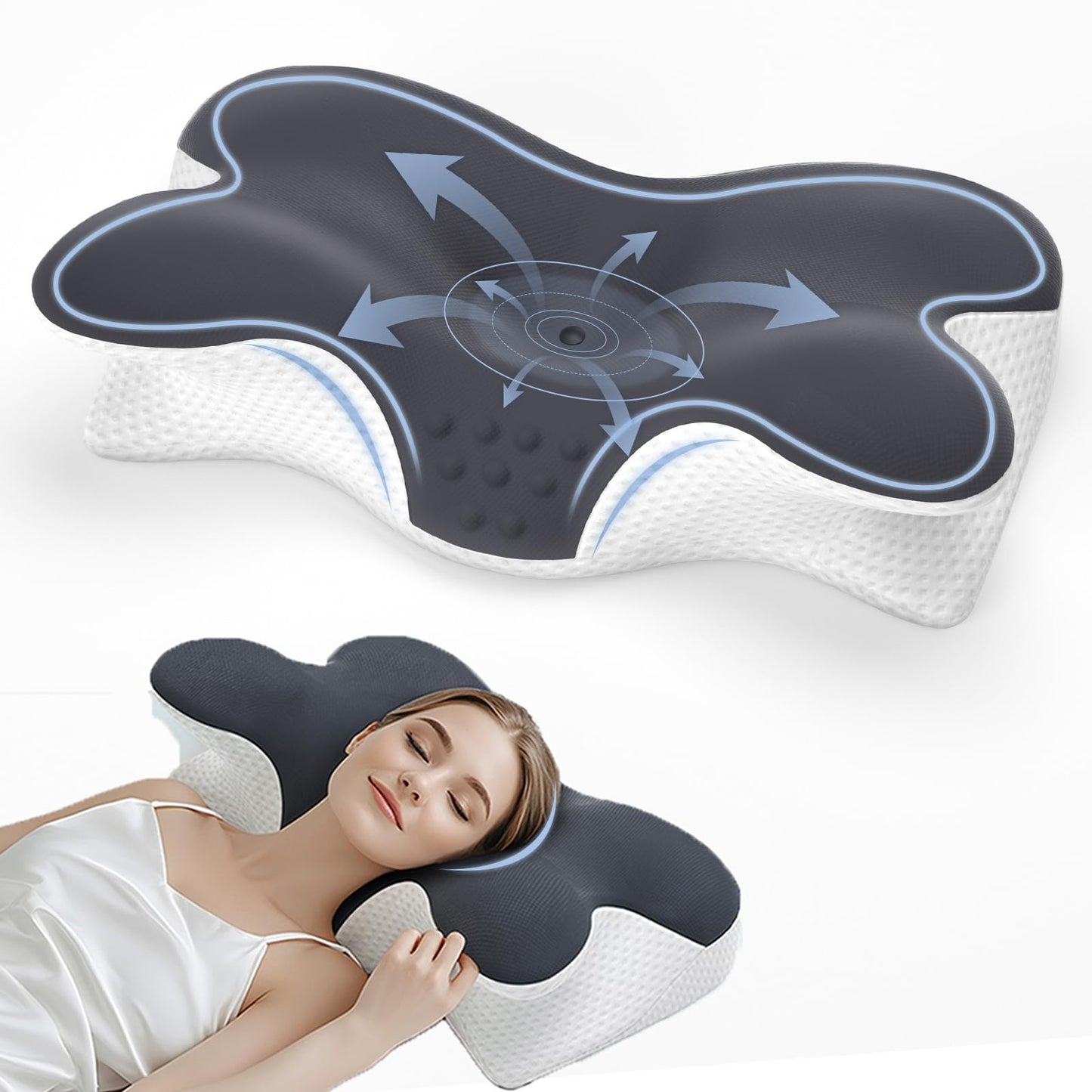 BNXIANG Cervical Neck Pillow for Pain Relief, Ergonomic Neck Support Pillow for Sleeping, Contour Orthopedic Side Sleeper Pillow for Back Stomach Sleepers Bed Pillow,Memory Foam Pillow