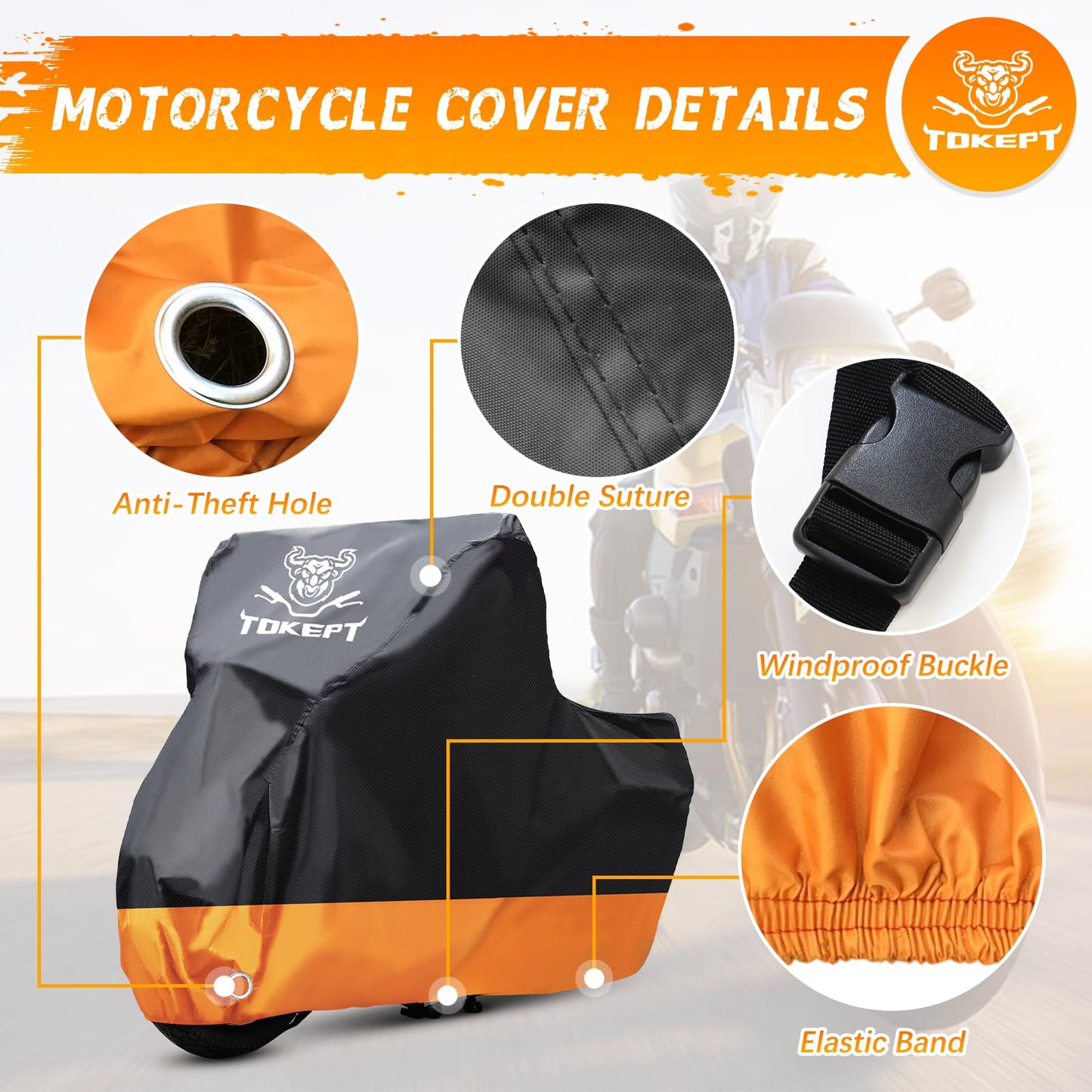 Tokept Motorcycle Cover, All-Season Waterproof Outdoor Sun Protection Fit up to 116 Inch Harley-Davidson Honda Suzuki Kawasaki Yamaha (XXXL Black&Orange)