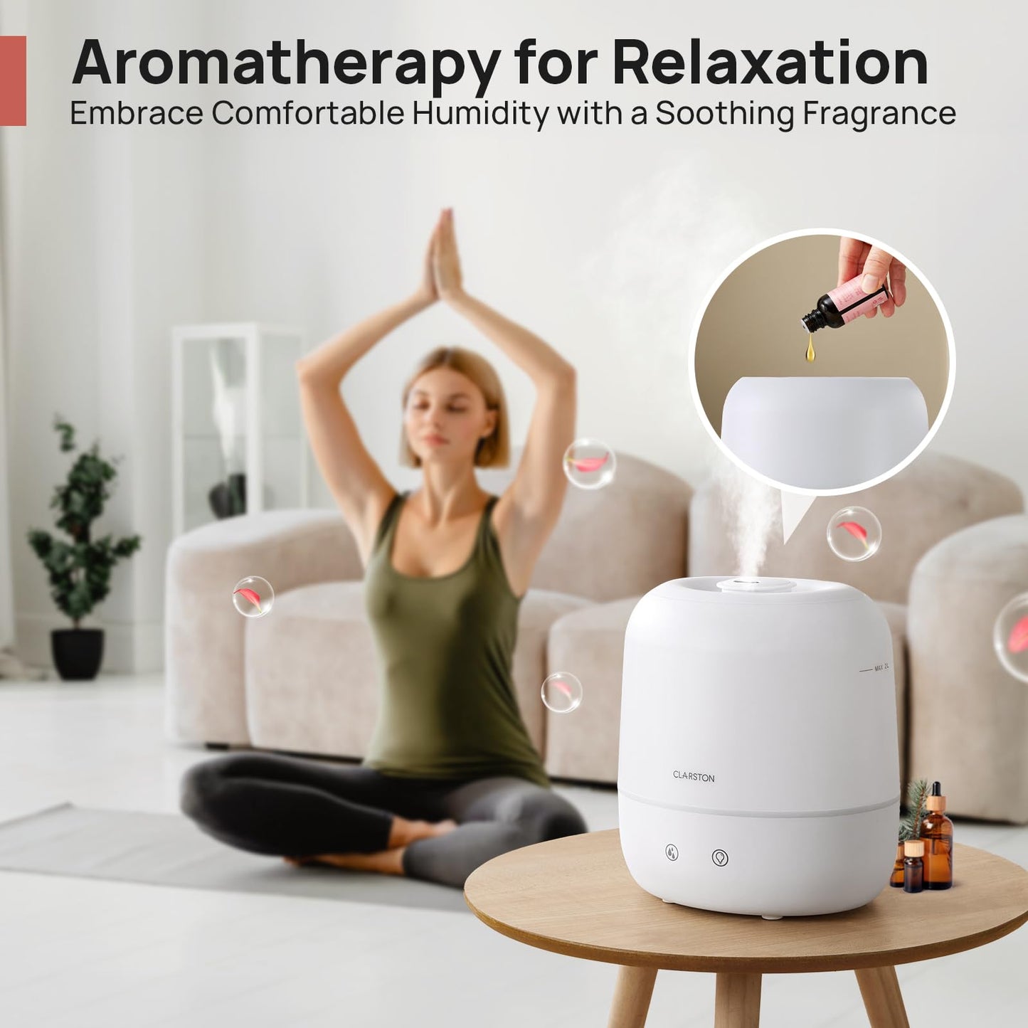 Clarston Humidifiers for Bedroom, 2L Top Fill with 360° Nozzle for Large Room, 7-Color Night Light, 24dB Quiet Cool Mist Air Humidifier for Baby Nursery & Plants, No BPA, Auto Shut Off, Easy to Clean