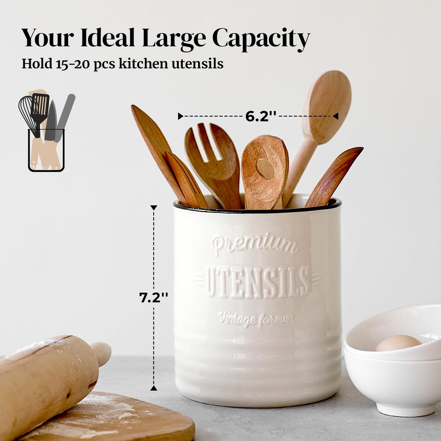 DOWAN Kitchen Utensil Holder, 7.2″ Extra Large Ceramic Utensil Crock, White Utensil Caddy, Rustic Farmhouse Kitchen Décor, Countertop Utensil Organizer with Table-Protection Cork Mat, Deep and Stable