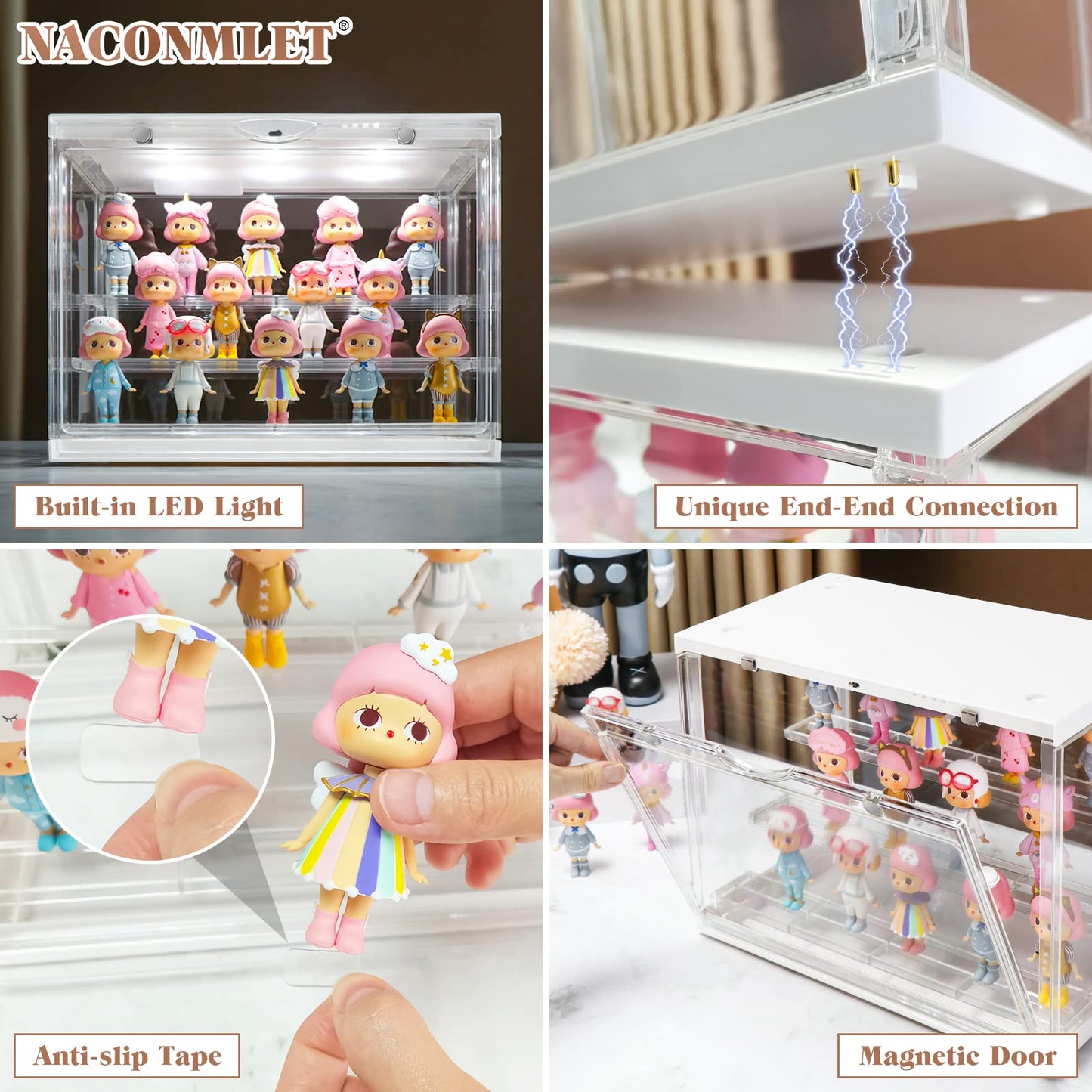 Naconmlet Clear Display Case for Action Mini Figures Funko Pop Shelf,Detachable Shelve Stackable Showcase Dustproof with Led Light for Protect Your Collectible