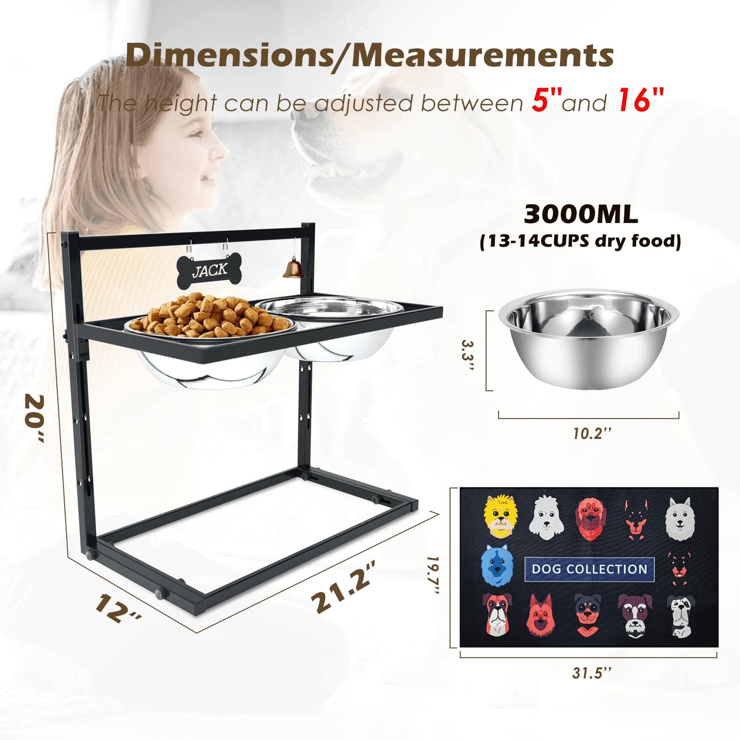 X-Large Elevated Dog Bowls for Extra Large Dogs with Mat,Raised Dog Bowl Stand for Large Breed Adjusable Height Dog Feeder with Two 3L(𝟏𝟑𝐂𝐔𝐏𝐒) Stainless Steel Dog Food Bowls