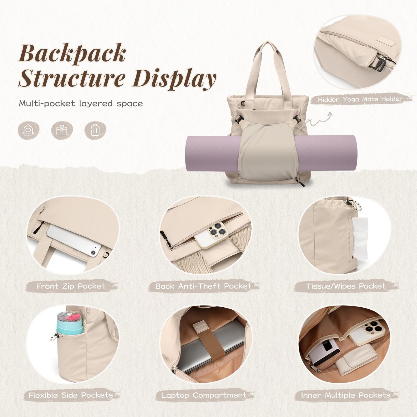 Convertible Laptop Backpack Yoga Sports Bag Quilted Tote Bag, Yoga Mat Carrier Bag for Travel, Fitness, Office and Shopping (Apricot)