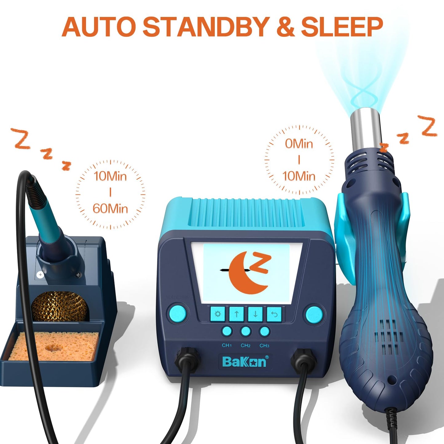 BAKON 882 2-in-1 SMD Hot Air Rework & Soldering Station with LCD, Auto Sleep, °F/°C, Tips ，Nozzles, Solder Wire, Tweezers, Solder Sucker