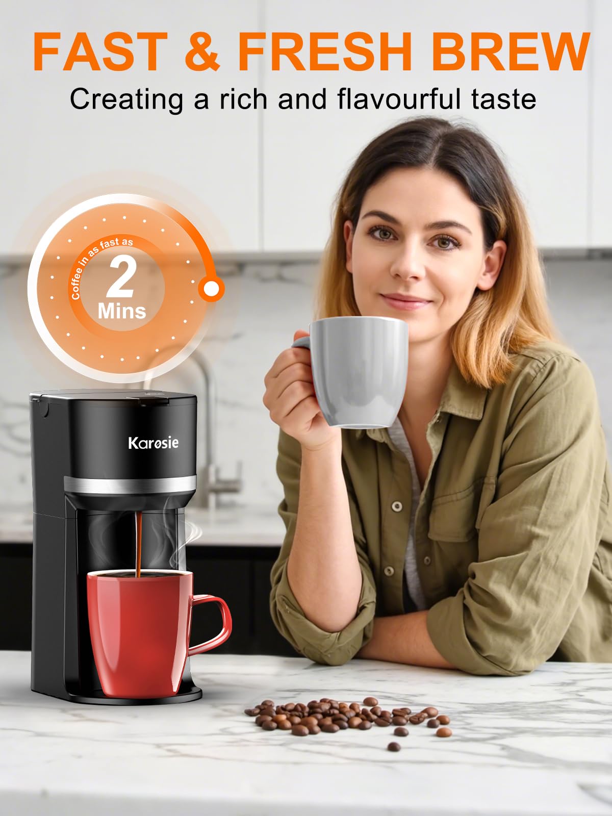 Single Serve Coffee Maker for K-Cup and Ground Coffee, Fast Brew, 6-12 oz Brew Sizes Single Cup Coffee Machine Fits 5.5" Mugs, One-Button Small Coffee Maker with Descaling Reminder, Black