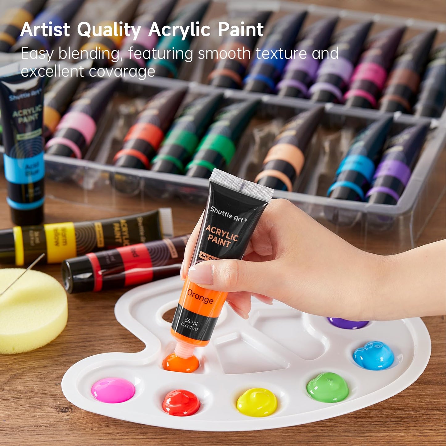 Shuttle Art 48 Pack Acrylic Paint Set, 30 Colors Acrylic Paint (36ml) with 10 Brushes 5 Canvas 1 Paint Knife 1 Palette 1 Sponge, Complete Set for Kids, Adults Painting on Canvas Rocks Wood Ceramic