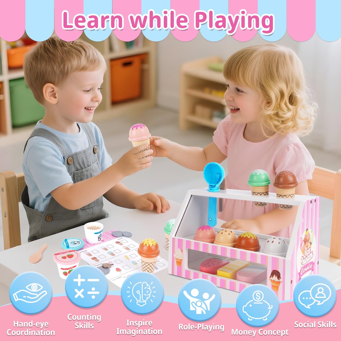 Ice Cream Toy, Wooden Pretend Play Toys Play Store for Kids, Wooden Ice Cream Play Set with Scoop, Fake Money, Menu, Ice Cream Toys Play Kitchen Food Gifts for 3 4 5 6 Year Old Toddlers Girls Boys